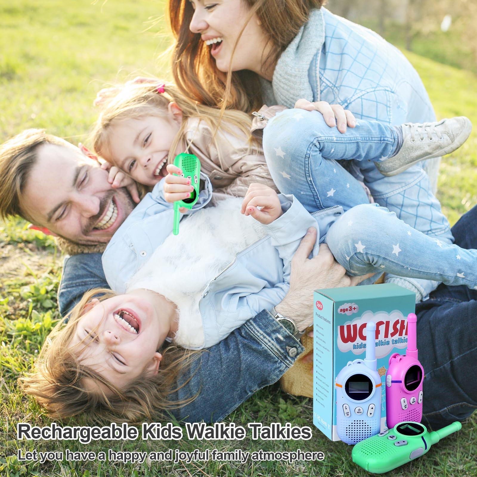 Wcfish Walkie Talkies for Kids Rechargeable 3 Pack, Providing 48hrs Working Time and Long Range of 3KMs, Best Gift for Kids Aged 3-12 Years (Blue+Green+Purple)