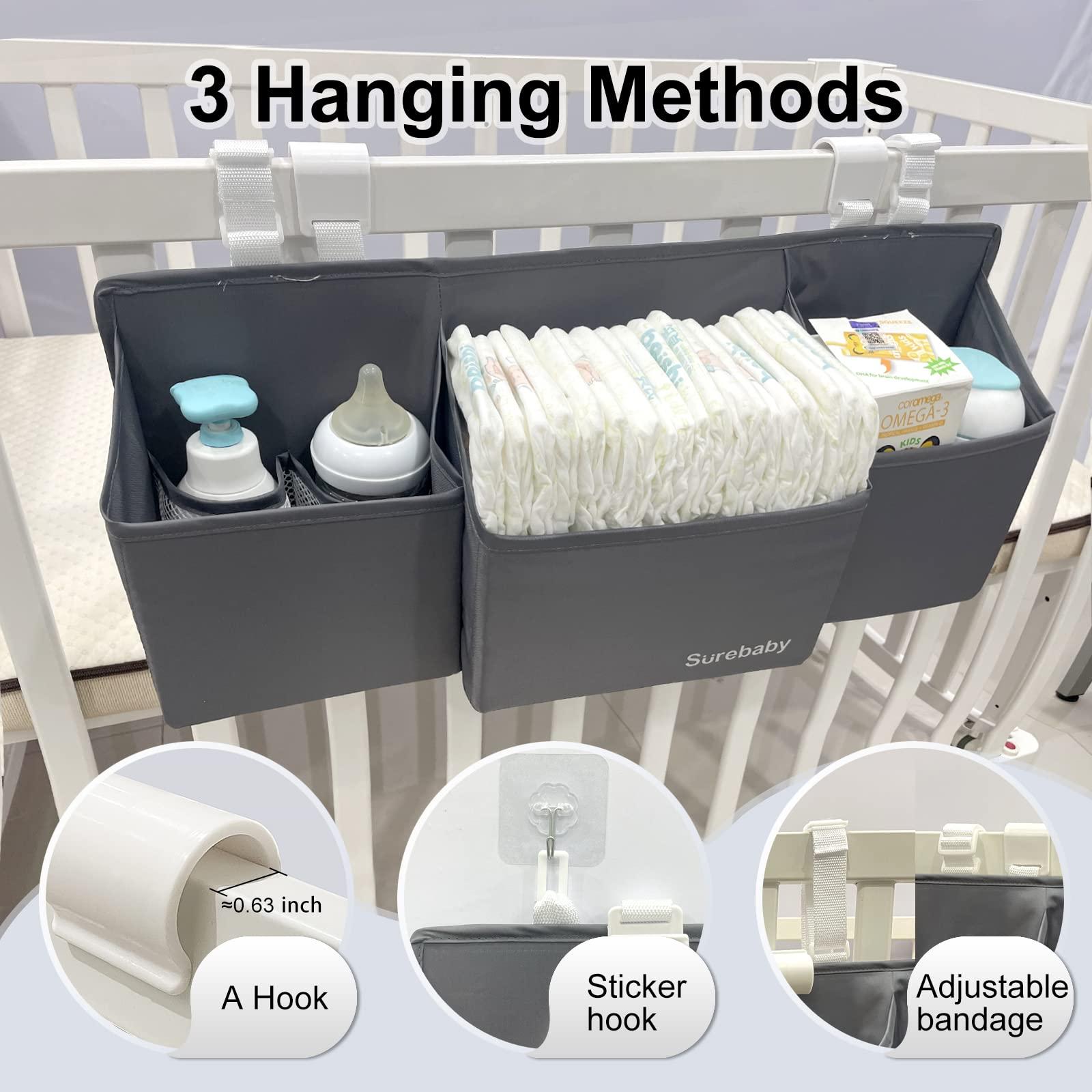 surebaby surebaby Hanging Baby Diaper Caddy, 3-in-1 Diaper Caddy Organizer Holder For Baby Crib, Nursery Organization Diaper Stacker Storage For Crib, Changing Table, Car, Wall-Grey
