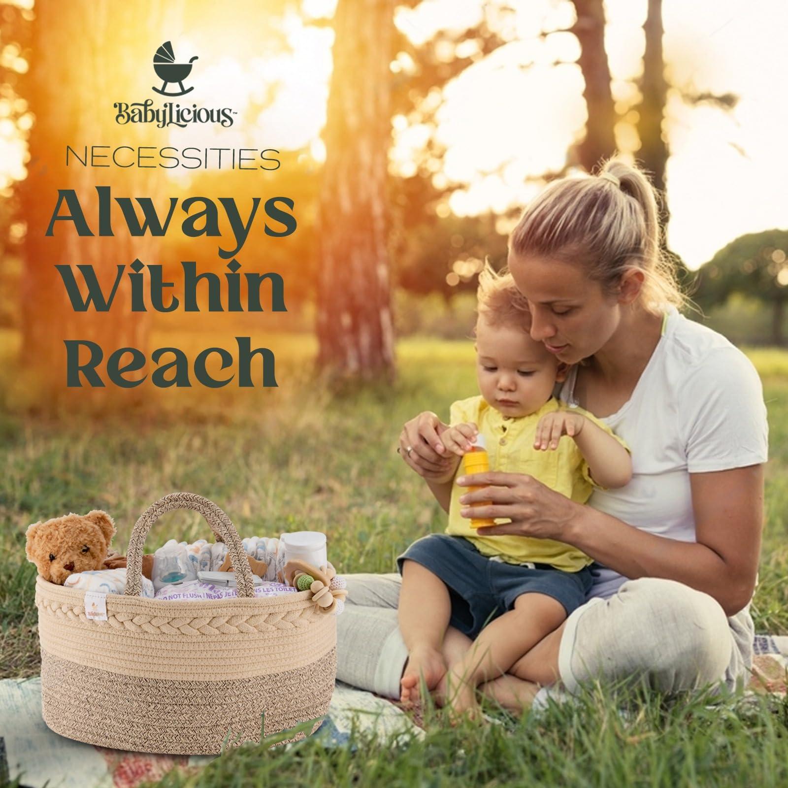 Babylicious Baby Diaper Caddy Organizer | Changing Table Organizer for Wipes and Diapers | Cotton Rope Diaper Organizer for Changing Table - Large | Newborn Essentials Must Haves for Parents - Sandy Beige