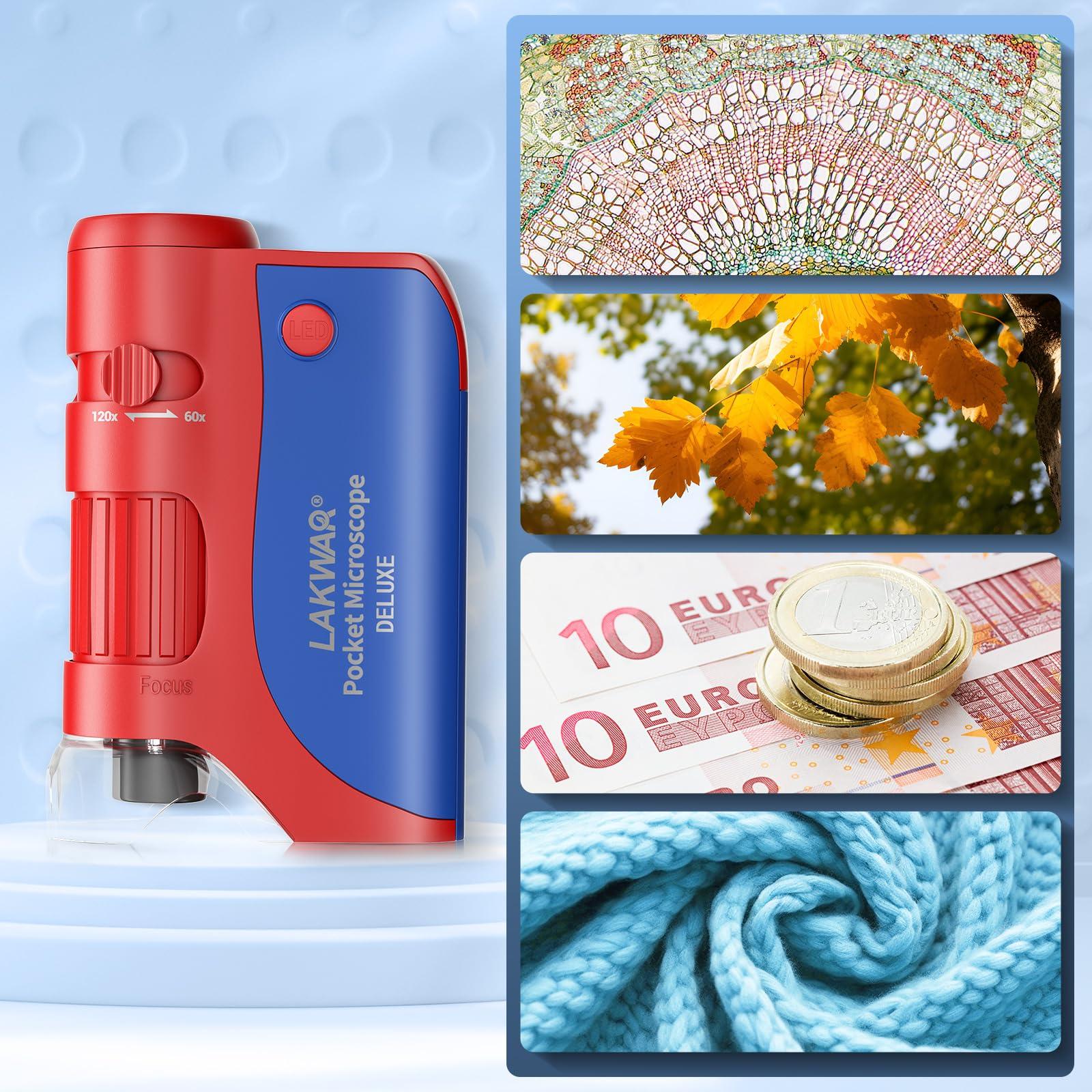 LAKWAR 60x-120x Mini Pocket Microscope for Kids Adults, Portable Handheld Microscope with Microscope Slides, Miniscope Portable Microscope for Kids Little Scientist Students School Minilabsters Education