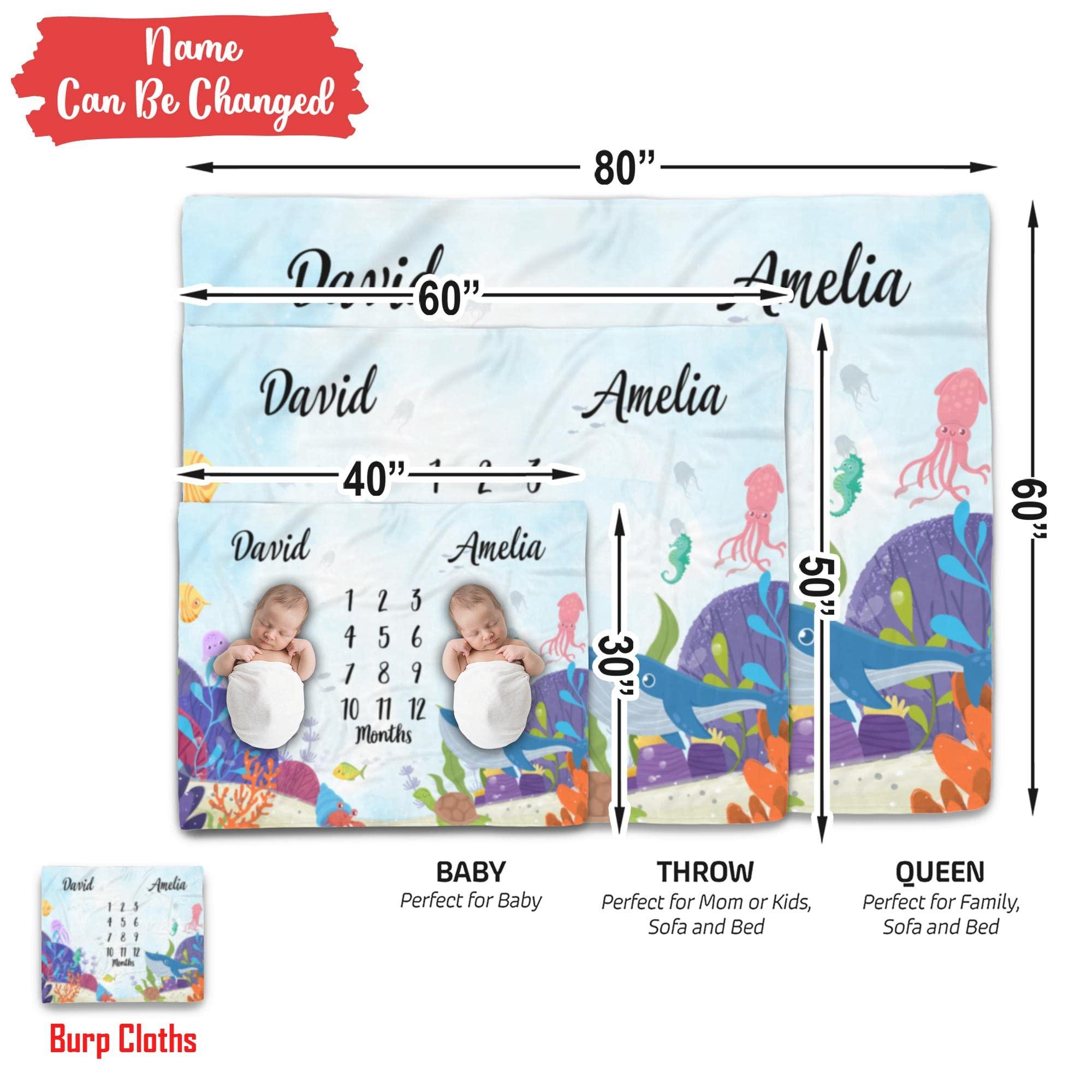 VibeCustom Personalized Ocean Wonderland Baby Blanket, Custom Names Underwater ThemeTracker, Soft Plush Marine Life Growth Chart, Nautical Nursery Decor