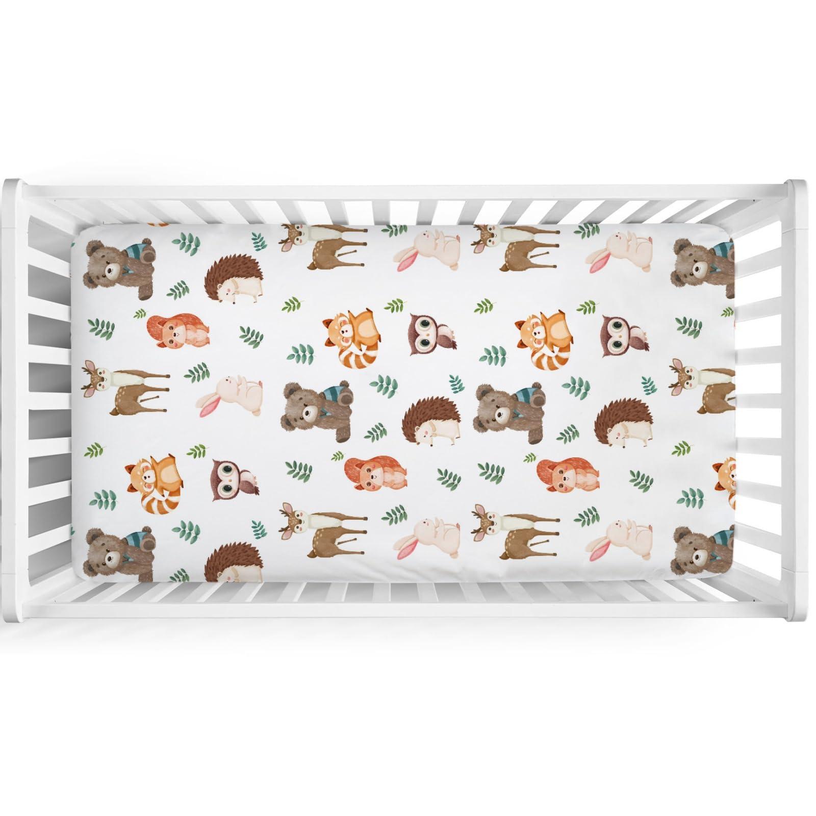 Hwmmbh Cute Woodland Animals Leaves Baby Crib Sheet 52''x28'' Bear Raccoon Squirrel Deer Rabbit Hedgehog Owl Fitted Crib Cover for Boy Girl Nursery Crib Sheet for Standard Size Crib Toddler Mattress