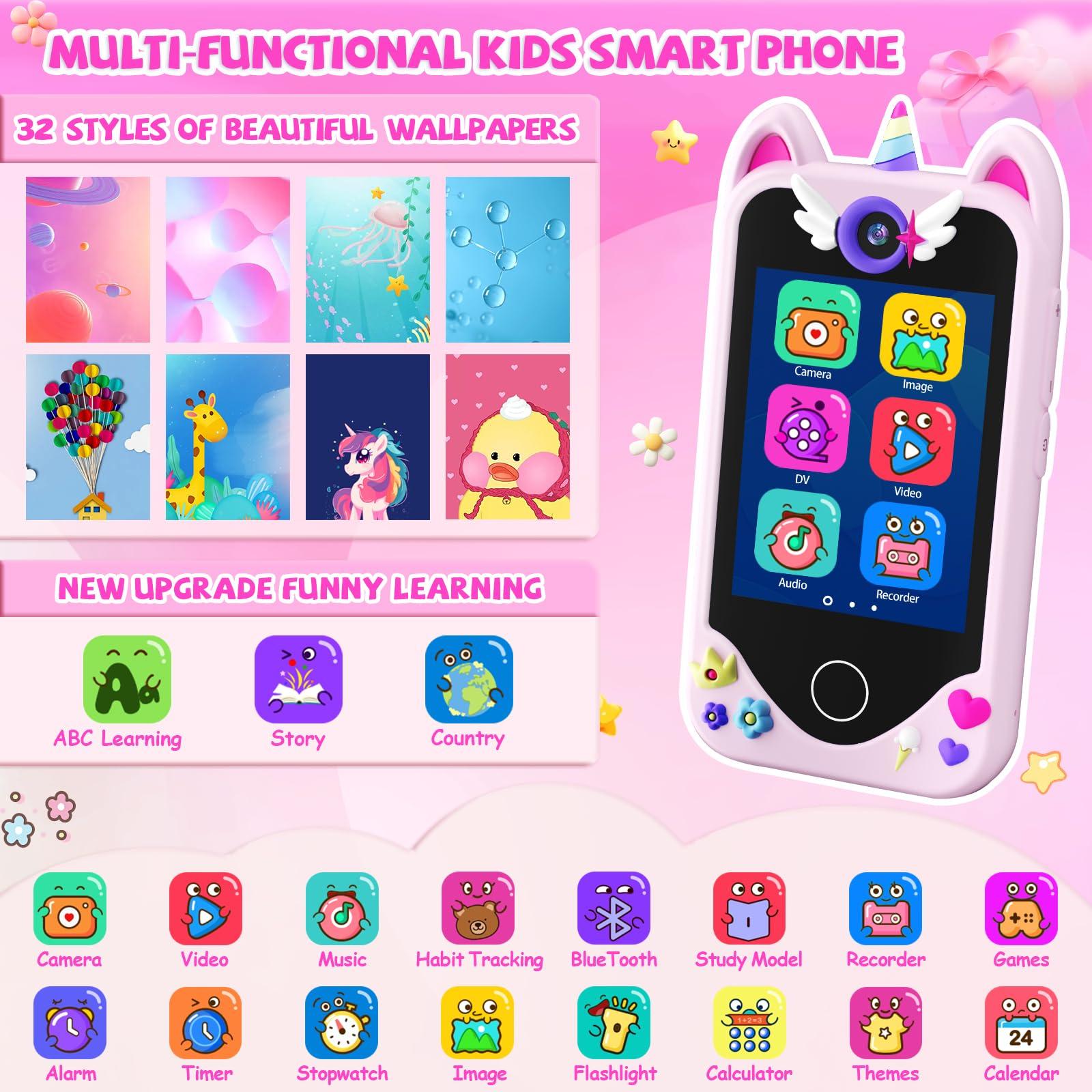Yosfeng Kids Smart Phone for Girls Gifts - Toddler Christmas Birthday Gift for Age 3 4 5 6 Year Old, Kids Cell Phone Toy with Touchscreen, Dual Cameras, Learning, Music Player, Games with 32 GB Card
