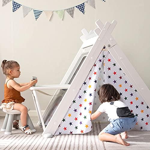 Merax Merax Foldable Triangle Climber, 4-in-1 Kids Hideaway Play Tent with Art Easel, Stool for Toddlers, Climbing Triangle Crawling Tunnel Toy Activity Play Set (White)