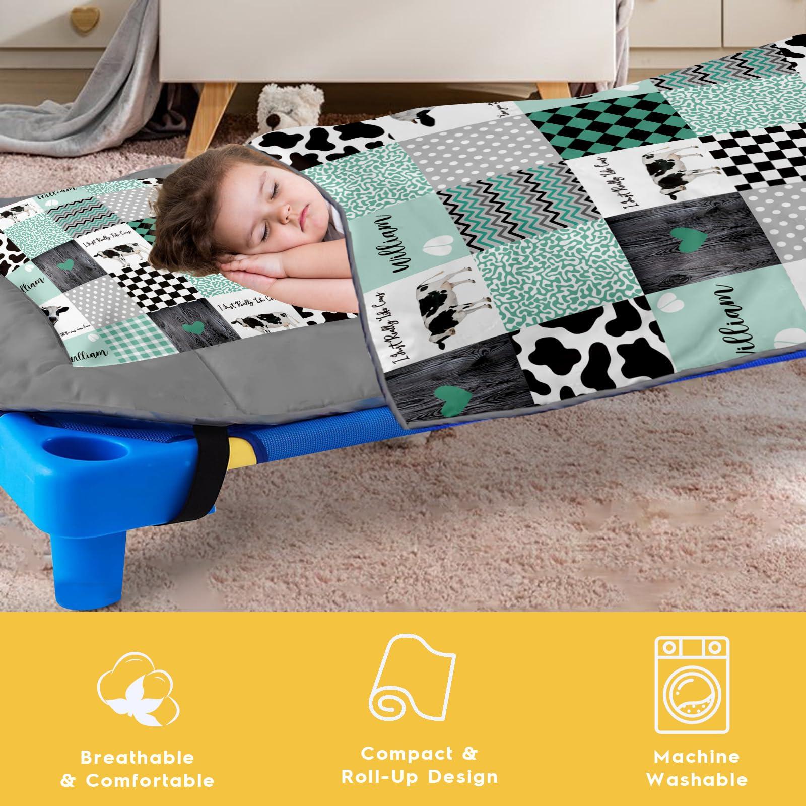 Duckbe Custom Toddler Bedding Set - Personalized Name with Animals Plaid Nap Mat for Preschool, Roll Up Sleeping Bag with Flannel Blanket for Boys Girls Kids Daycare Gift Color10-Cow