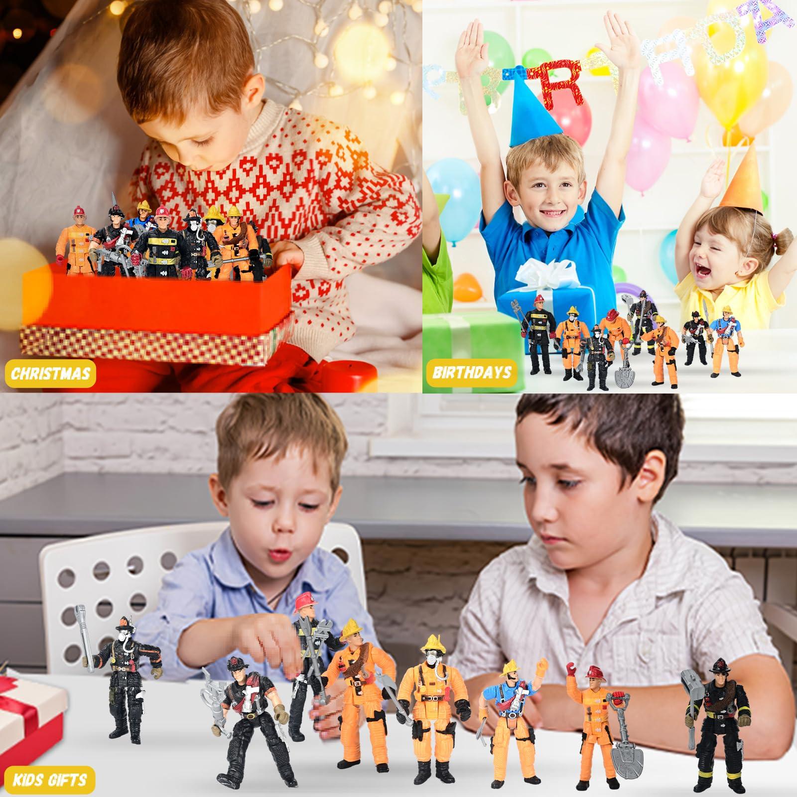 HAPTIME 8 Pieces Firefighter Action Figures, Fireman Toys for 3 4 5 6 7+ Year Old Boys, 4-Inch Toy Figure & Playsets with Accessories, Ideal Gifts for Boys Girls Kids, Christmas Stocking Stuffers Party Favor