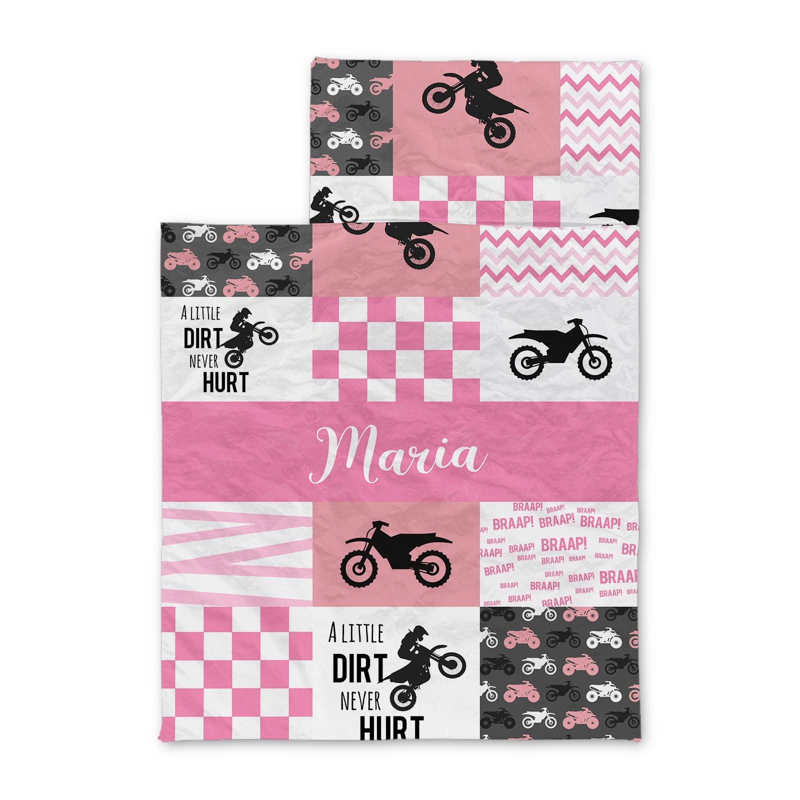 Naseagleeye Personalized Dirt Bike Pink Nap Mat Set with Name, Motocross Sleeping Bags for Girls, Customized Toddler Bed Mattress for Kids, Slumber Bags for Preschool, Daycare or Kindergarten, Toddler Sleep Sack