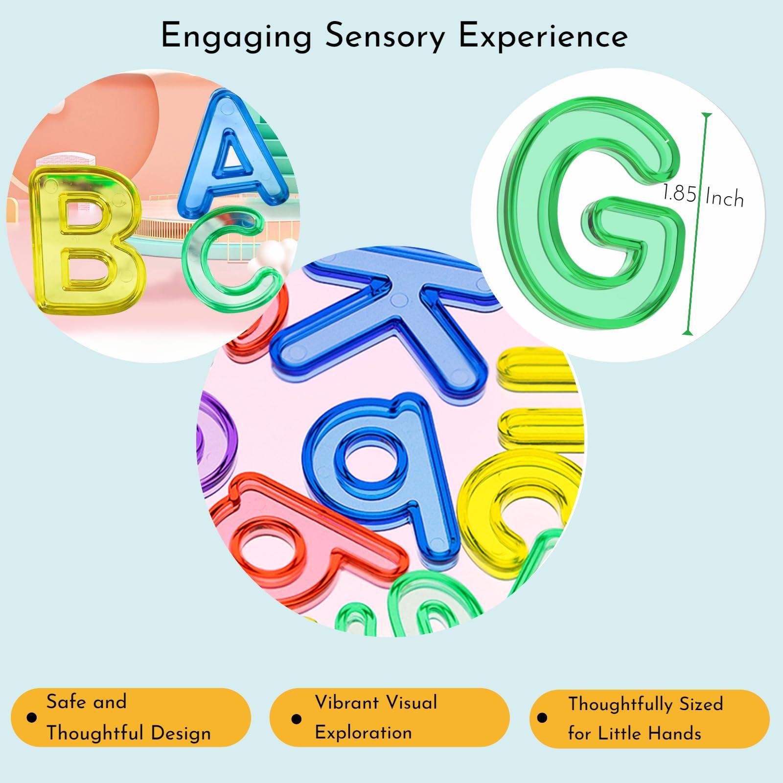 NNHOM 85 Pcs Colorful Plastic Letters and Numbers Set,Transparent Light Table Manipulatives Alphabet Letters,Include 52 Letters,10 Numbers,Ten Frame & Counters.Ideal for Toddler Spelling,Counting