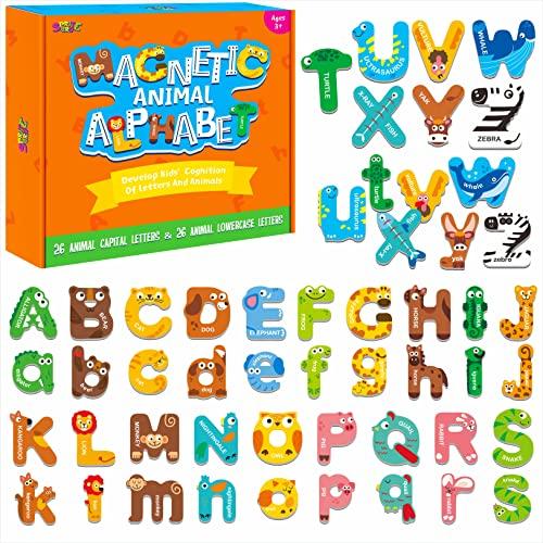 SpriteGru 52 Magnetic Alphabet, 26 Uppercase & 26 Lowercase Letters, Adorable Animal Shape Alphabet ABC Magnets for Fridge Educational Spelling Learning Games Toys Set for Kids, Toddlers 3 4 5 Years Old