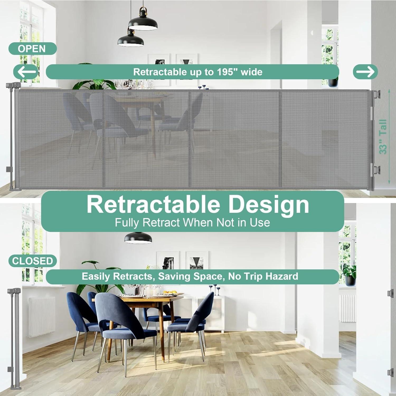 Stcockis Reinforced 195 Inch Extra Wide Baby Gate Retractable Dog Fence with Support Rods Prevent Crawling Under, 16 Foot Retractable Baby Gates Retractable Dog Gate Outdoor/Indoor Extra Long Baby Gate, Gray