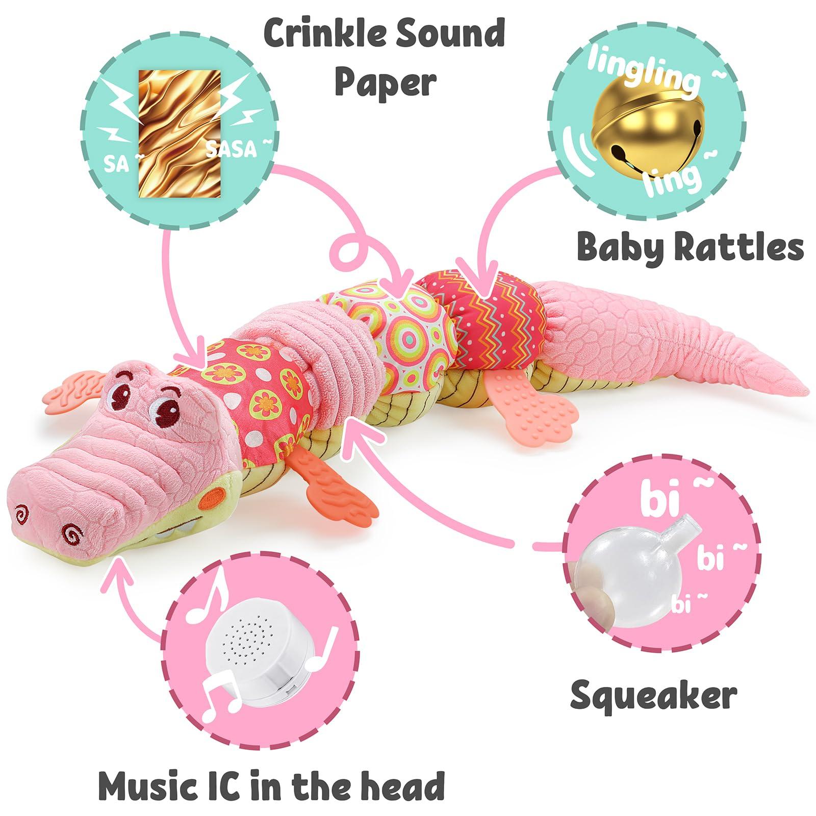 LIGHTDESIRE LIGHTDESIRE Baby Toys Musical Crocodile,Infant Toys Stuffed Animal Toys with Ruler Design and Ring Bell,Baby Teething Toys for Tummy Time Newborn Boys Girls 0 3 6 12 Months(Pink)