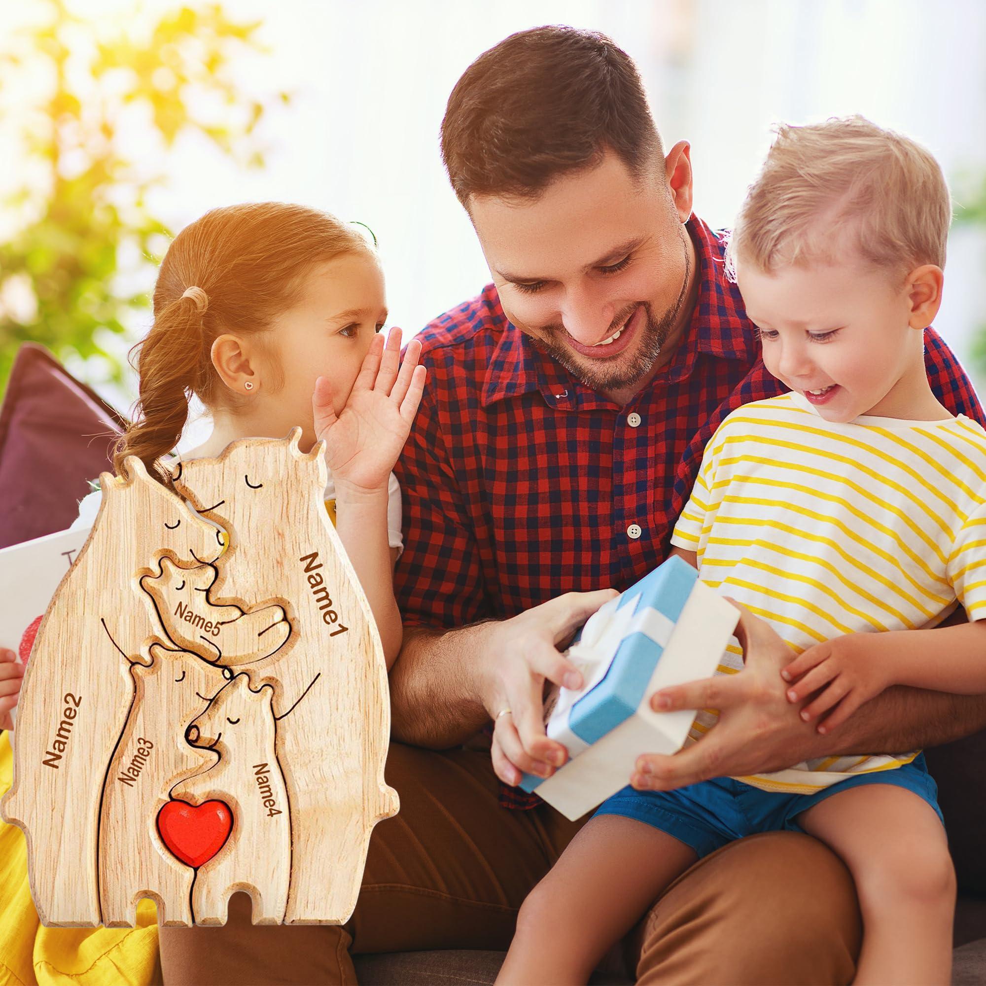 WHIMCHOIT Personalized Wooden Bear Puzzle with 3-5 Family Name Custom Family Name Sculpture Customized Family Name Sign Gifts Wooden Animal Family Puzzle for Home Decor and Anniversary Birthday Mom Dad Gifts