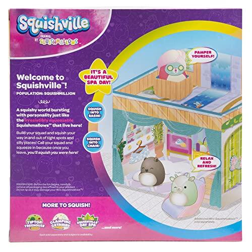 Squishville Squishville by Original Squishmallows Deluxe Day Spa Playscene - Include 2-Inch Duchess The Pink Deer, Towel Wrap, Face Mask, Basin & Lounge Chair - Toys for Kids