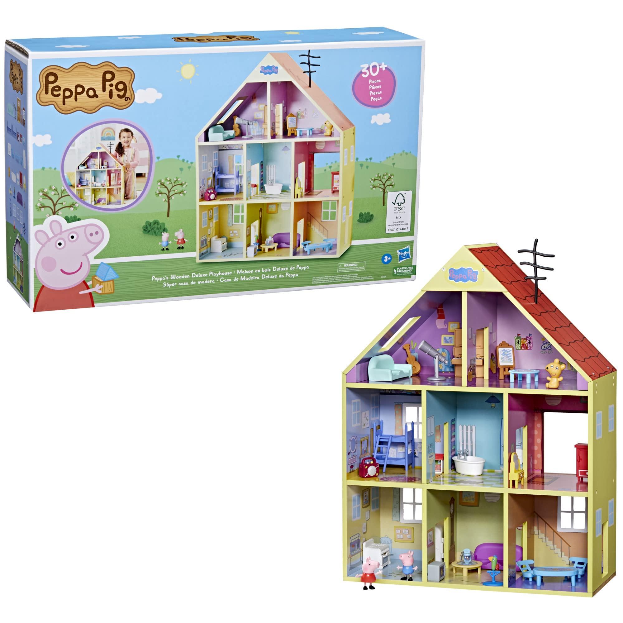 Peppa Pig Peppa Pig Wooden Deluxe Playhouse, 8 Rooms, Includes 2 Fun Figures and 29 Accessories, Made of Responsibly Sourced Wood, for Ages 3 and Up (Amazon Exclusive)