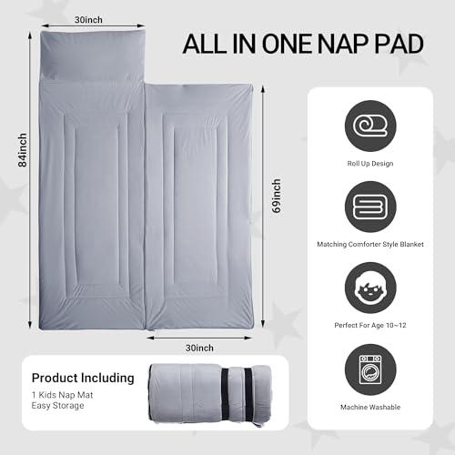 HOMBYS HOMBYS Glow in the Dark Sleeping Bags for 10~12 Years Old Kids, 84\"x30\" Soft Kids Nap Mat with Pillow and Blanket for Daycare School, Grey Travel Sleep Bag for Childern Girls Boys Truck Travel Camping