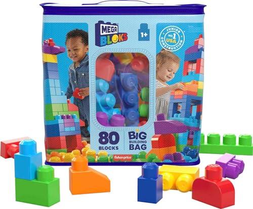 Mega MEGA BLOKS First Builders Toddler Blocks Toys Set, Big Building Bag with 80 Pieces and Storage, Blue, Ages 1+ Years