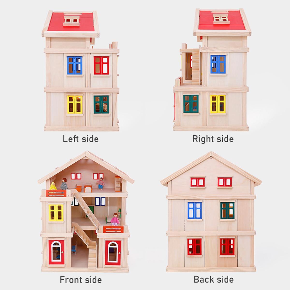 LANGWEI LANGWEI Wooden Dollhouse, Large 3-Story DIY Castle Doll House with Furnitures & Dolls, Mini House Building Kit Montessori Toys for Ages 3+