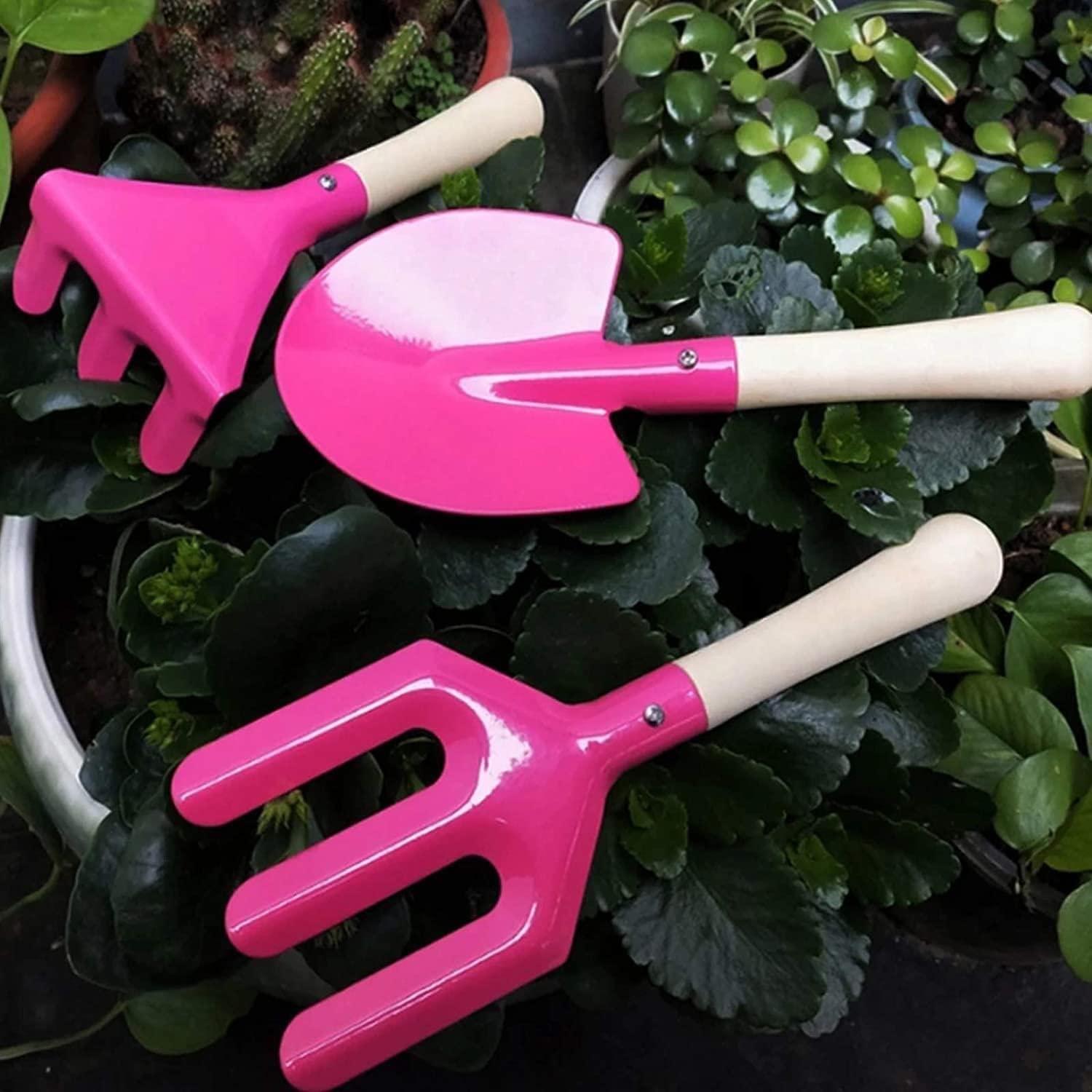 LIJBN Garden Tools Set 3 Piece, Heavy Duty Garden Tools Set, Succulent Kit for Plant Care SetIdeal Gardening Tool Kit Gifts for Parents and Kids Including Trowels, Hand rake Gardening Hand Tools