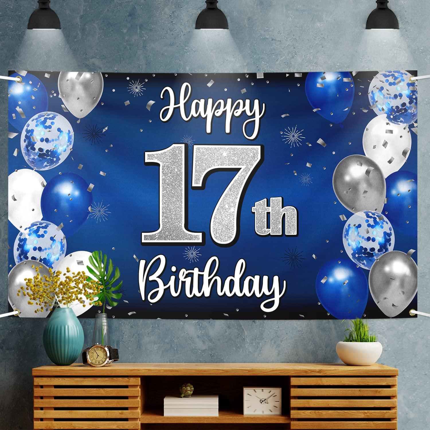 Nelbiirth Nelbiirth Happy 17th Birthday Decorations,17th Blue & Silver Balloon Large Birthday Banner Backdrop Sign,Cheers to Seventeen Years Old Bday Party Supplies.