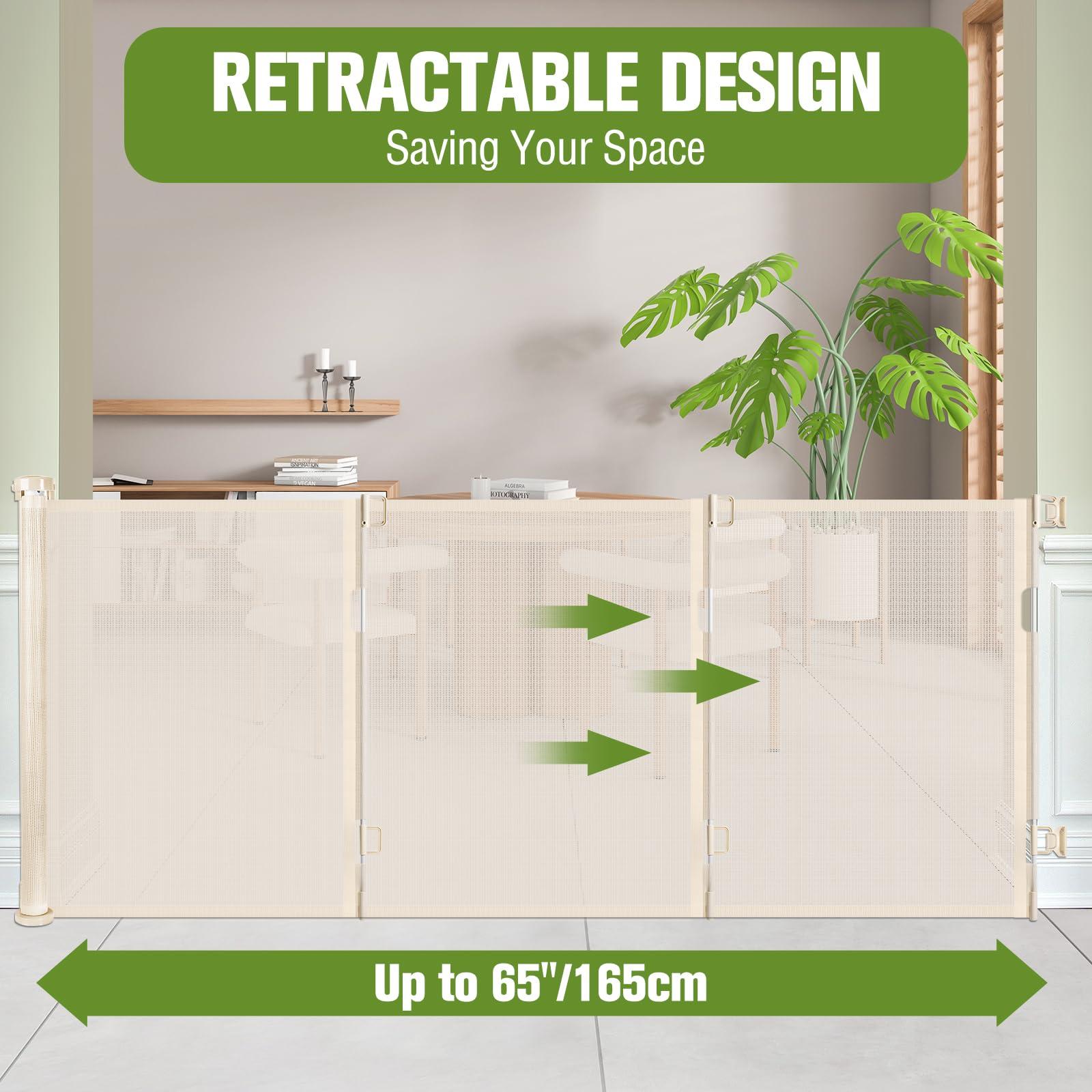 KISKIZ 65 Inch Wide Retractable Baby Gates for Doorways Retractable Dog Gate for Stairs, Indoor Mesh Baby Gate Retractable Gate Outdoor Tall Baby Gates for Dogs, Baby Barrier Retractable Safety Gate, Beige