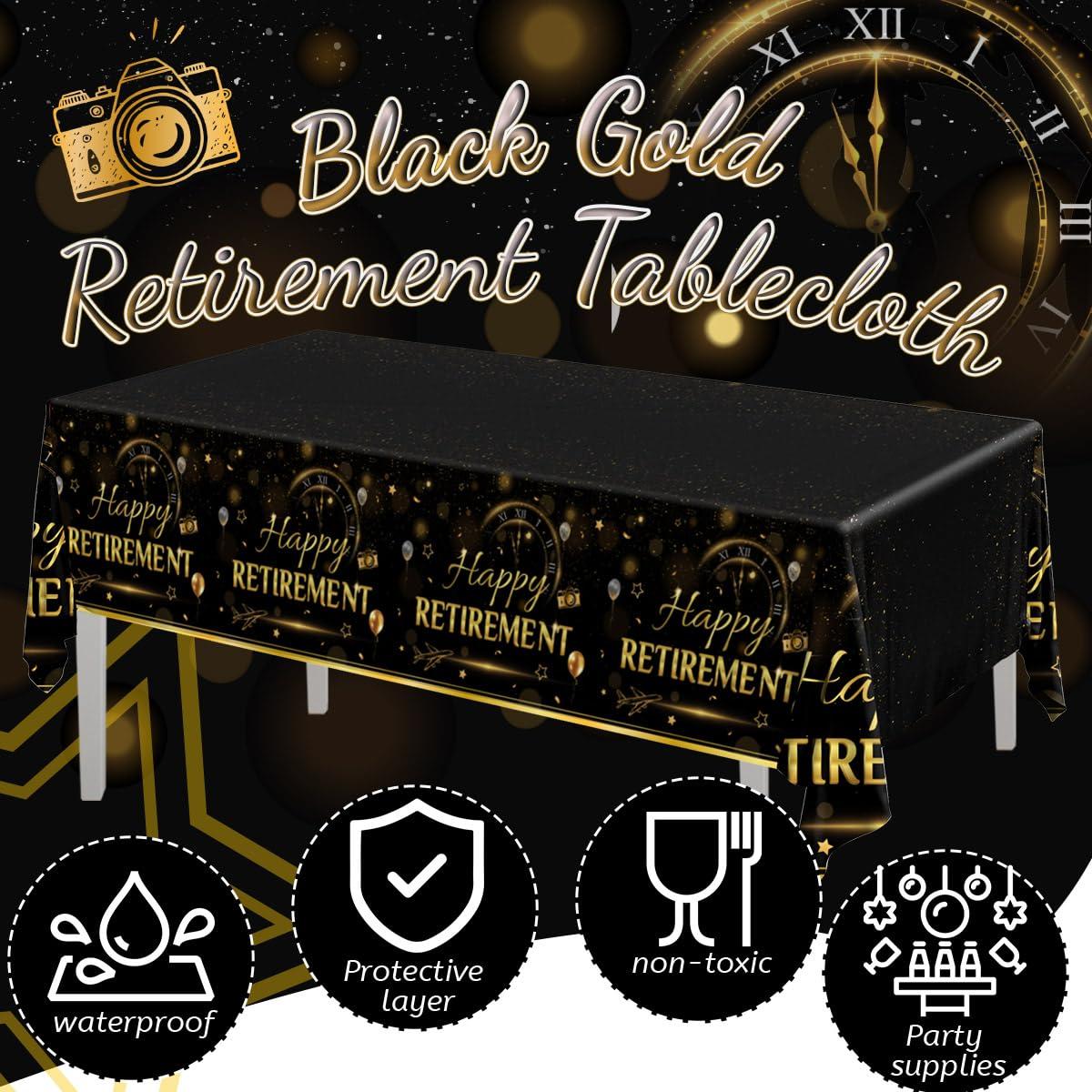 GREHUMOR GREHUMOR Happy Retirement Tablecloth 3Pcs-Retirement Party Decorations Black and Gold Tablecloth Plastic Rectangle Disposable Table Cover Rectangle Waterproof