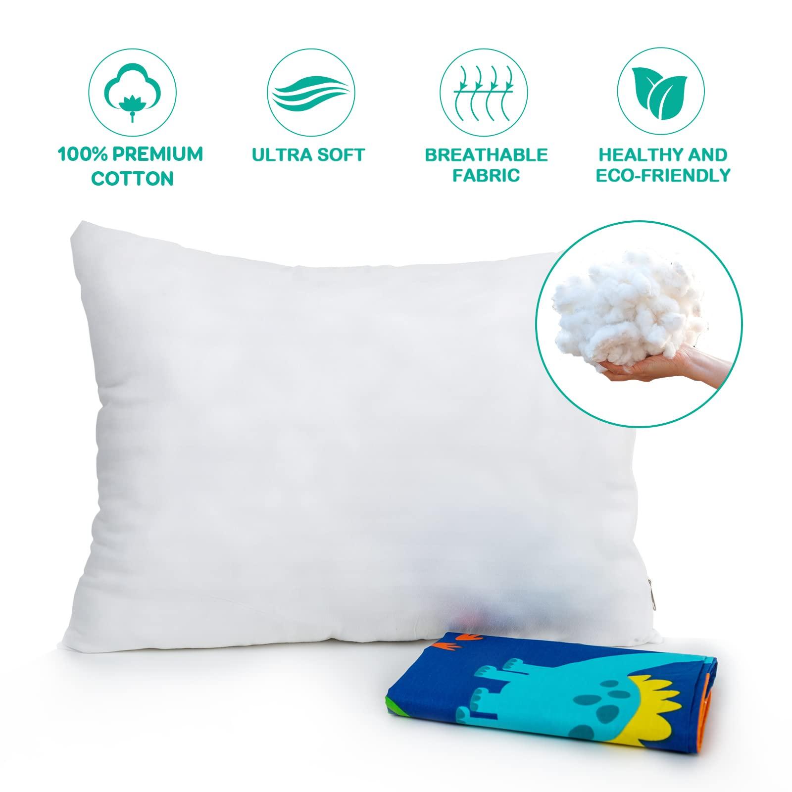 Cottonblue Toddler Pillow, Kids Pillows for Sleeping 14 x 19 Inches, Kids Pillow with Soft Cotton Pillowcase, Machine Washable, Perfect for Travel Toddlers Cot, 2 Pack, Blue Dinosaur