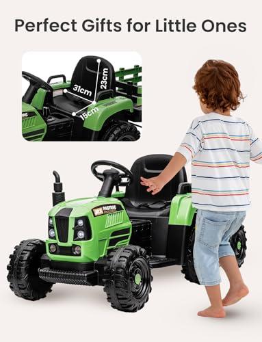 Feetice Tractor Toys, Ride on Tractor with Trailer, 24V 400W Powered Electric Tractor Remote Control, Music Bluetooth and USB Support, Electric Car for Kids, 3 Speed Adjustable, Two-Point Safety Belt, Green