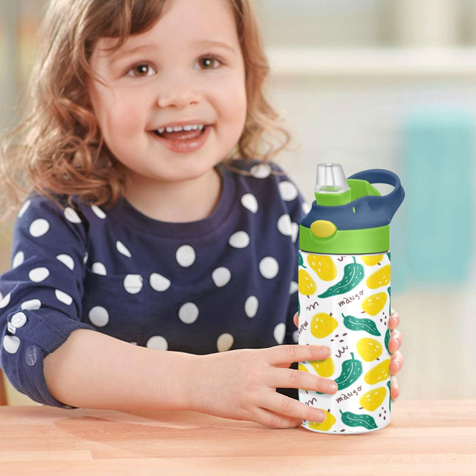 Wfrish Cute Tropical Yellow Mango Leaves Kids Water Bottle with Silicone Straw for Girls Boys Toddlers Insulated Stainless Steel with Straw Lid BPA-Free Duck Mouth Leakproof Tumbler 12 oz