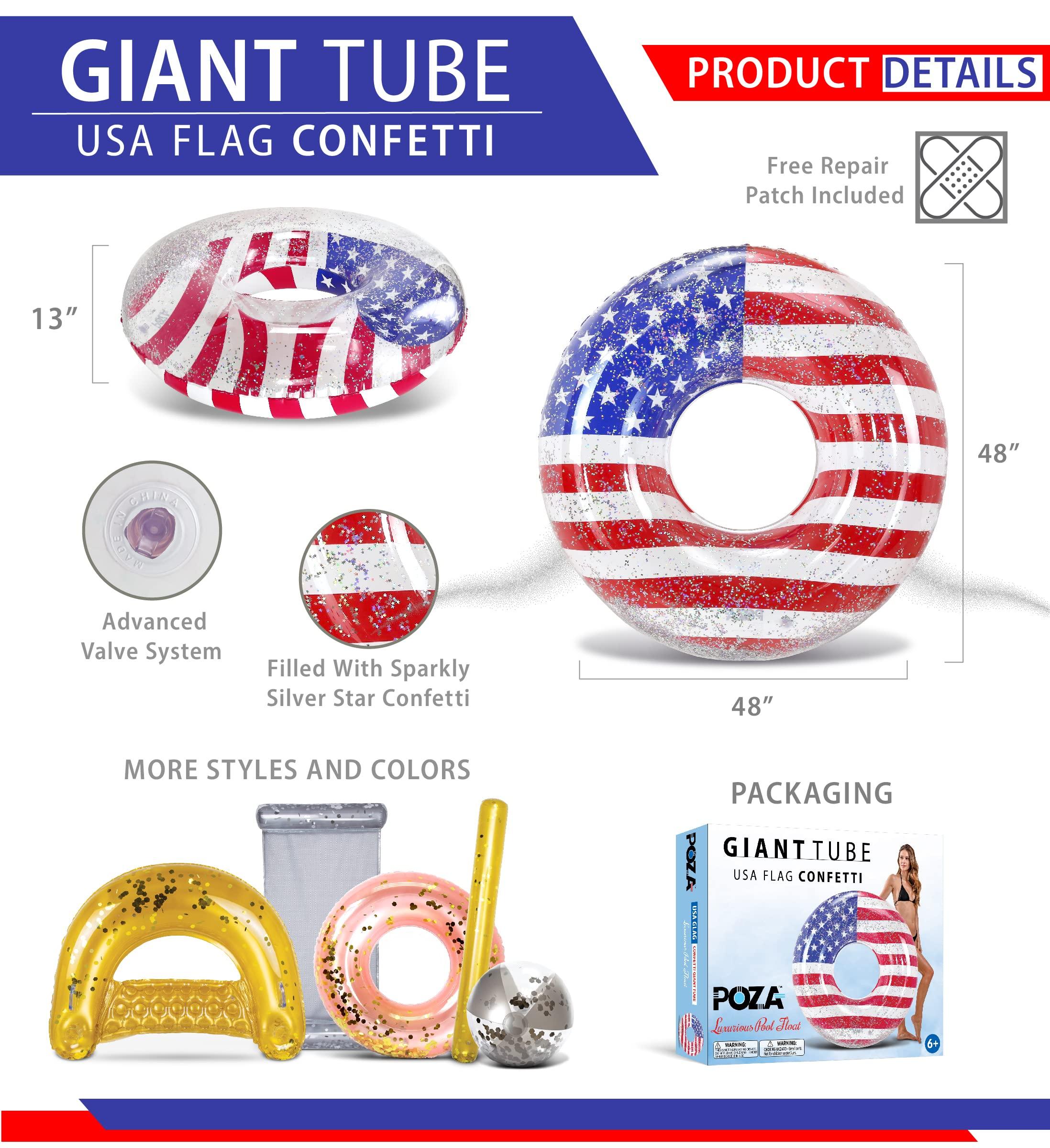 POZA POZA Inflatable USA Flag Giant Pool Float Tube - Sparkle Silver Stars Confetti Filled Luxurious Fun Lounger, Cool USA Flag Design Water Swimming Ring Pool Floaties for Beach, Lake, Pool 48 Inch