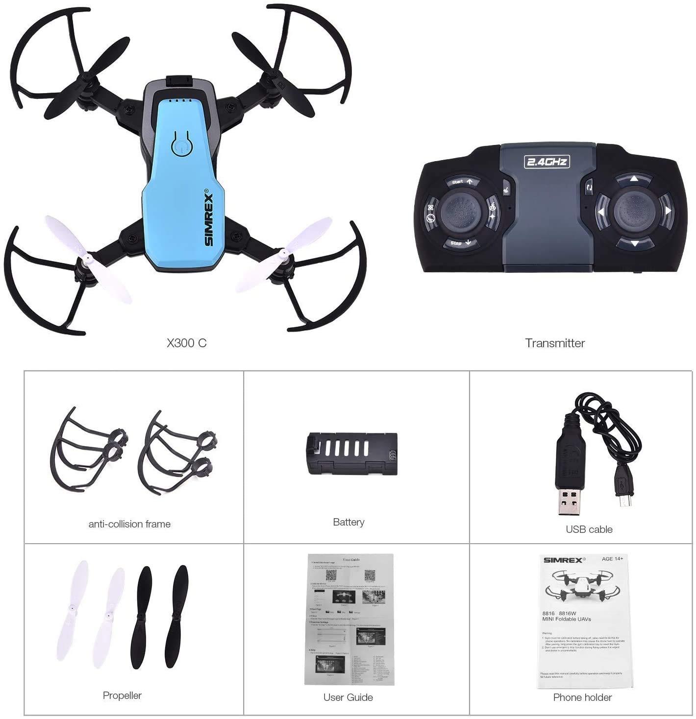 SIMREX SIMREX X300C Mini Drone RC Quadcopter Foldable Altitude Hold Headless RTF 360 Degree FPV Video WiFi 720P HD Camera 6-Axis Gyro 4CH 2.4Ghz Remote Control Super Easy Fly for Training Blue