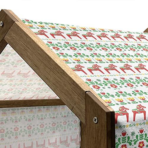 Ambesonne Ambesonne Folk Art Wooden Dog House, Scandinavian Themed Pattern of Swedish Dala Horse and Flowers, Indoor & Outdoor Portable Dog Kennel with Pillow & Cover, 2X-Large, Green Vermilion