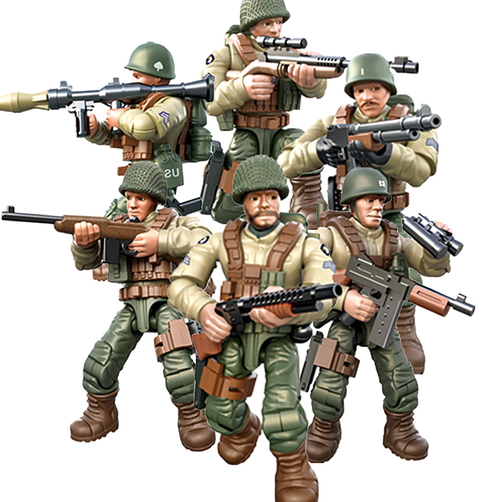 MEIEST MEIEST 6 PCS Mini WWII Soldier Military Action Figures, Army Model Building Block Toys with Multiple Military Weapons Accessories,Party Favors Set for Kids (US Army)