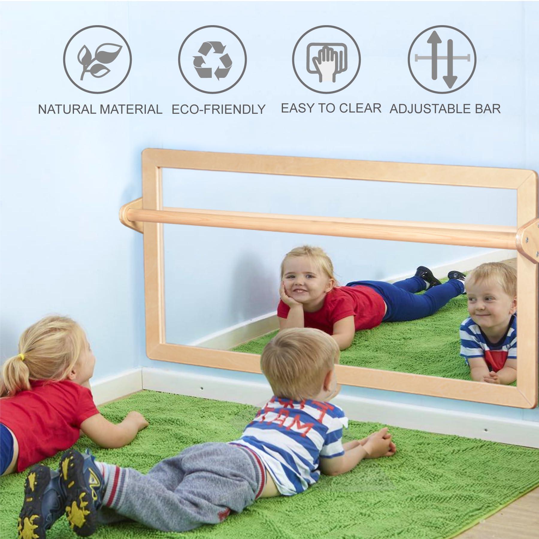 KRAND KRAND 3-Position Montessori Wood Frame Non-Shatter Safety Pull Up Bar Baby Big Mirror Set, Infant Coordination Mirror, Kids Classroom Furniture for Daycare, Homeschool or Preschool