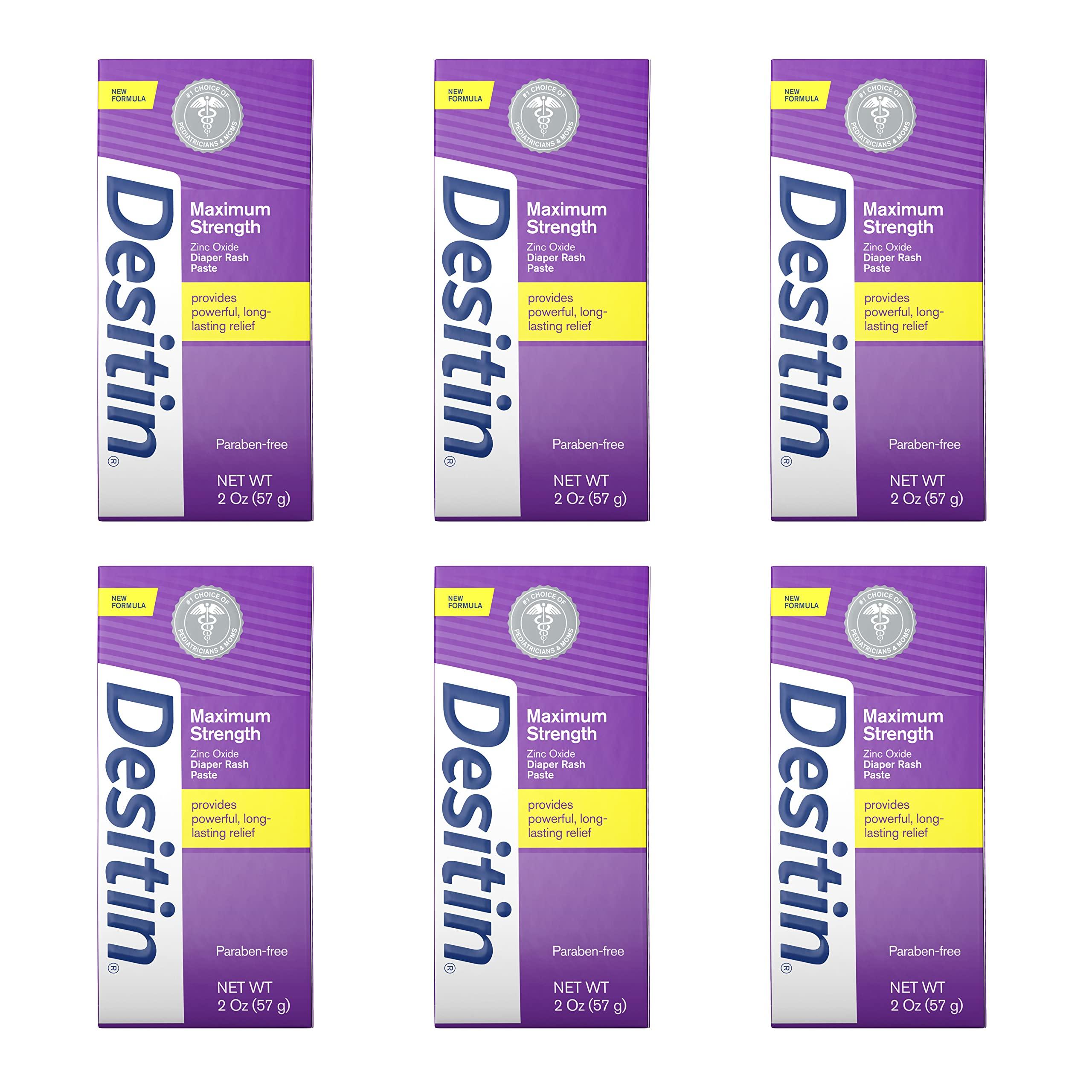 Desitin Desitin Maximum Strength Baby Diaper Rash Cream with 40% Zinc Oxide for Treatment, Relief & Prevention, Hypoallergenic, Phthalate- & Paraben-Free Paste, Travel Size, 2 oz (Pack of 6)