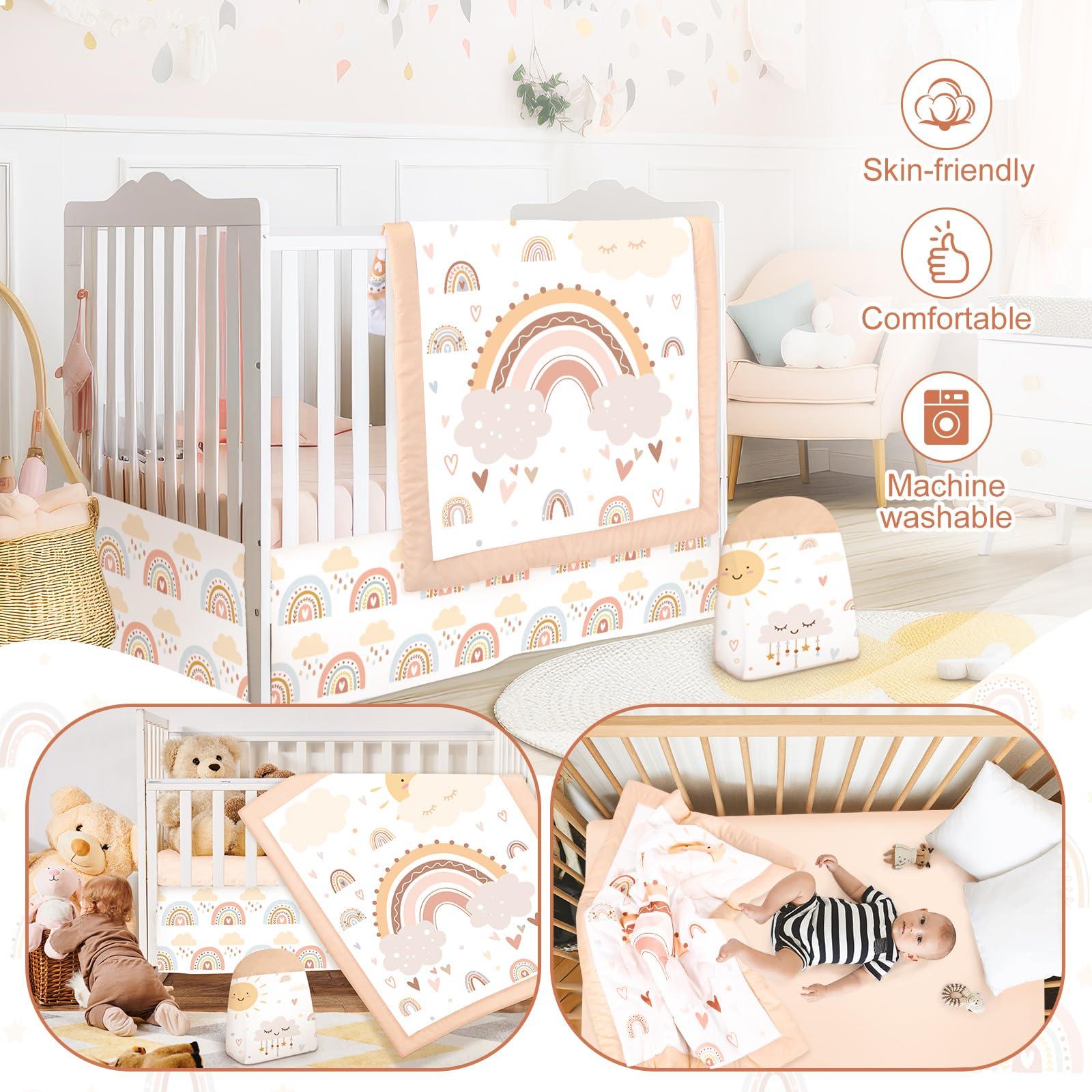 Hahafelt Hahafelt 4 Pieces Rainbow Boho Crib Bedding Set for Girls and Boys, Bohemian Soft Baby Bedding Set Including Crib Skirt, Comforter, Crib Sheet and Diaper Stacker for Nursery