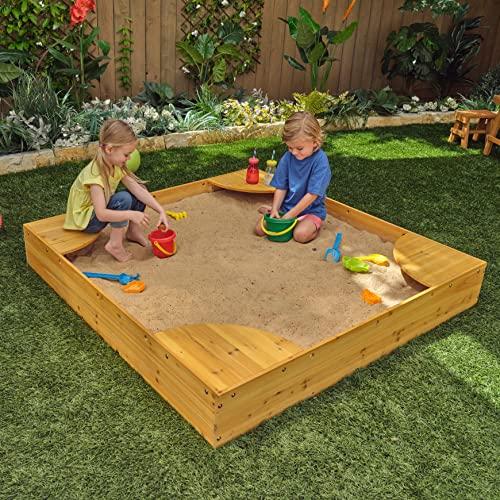 KidKraft KidKraft Wooden Backyard Sandbox with Built-in Corner Seating and Mesh Cover, Kid's Outdoor Furniture, Honey, Gift for Ages 2-8