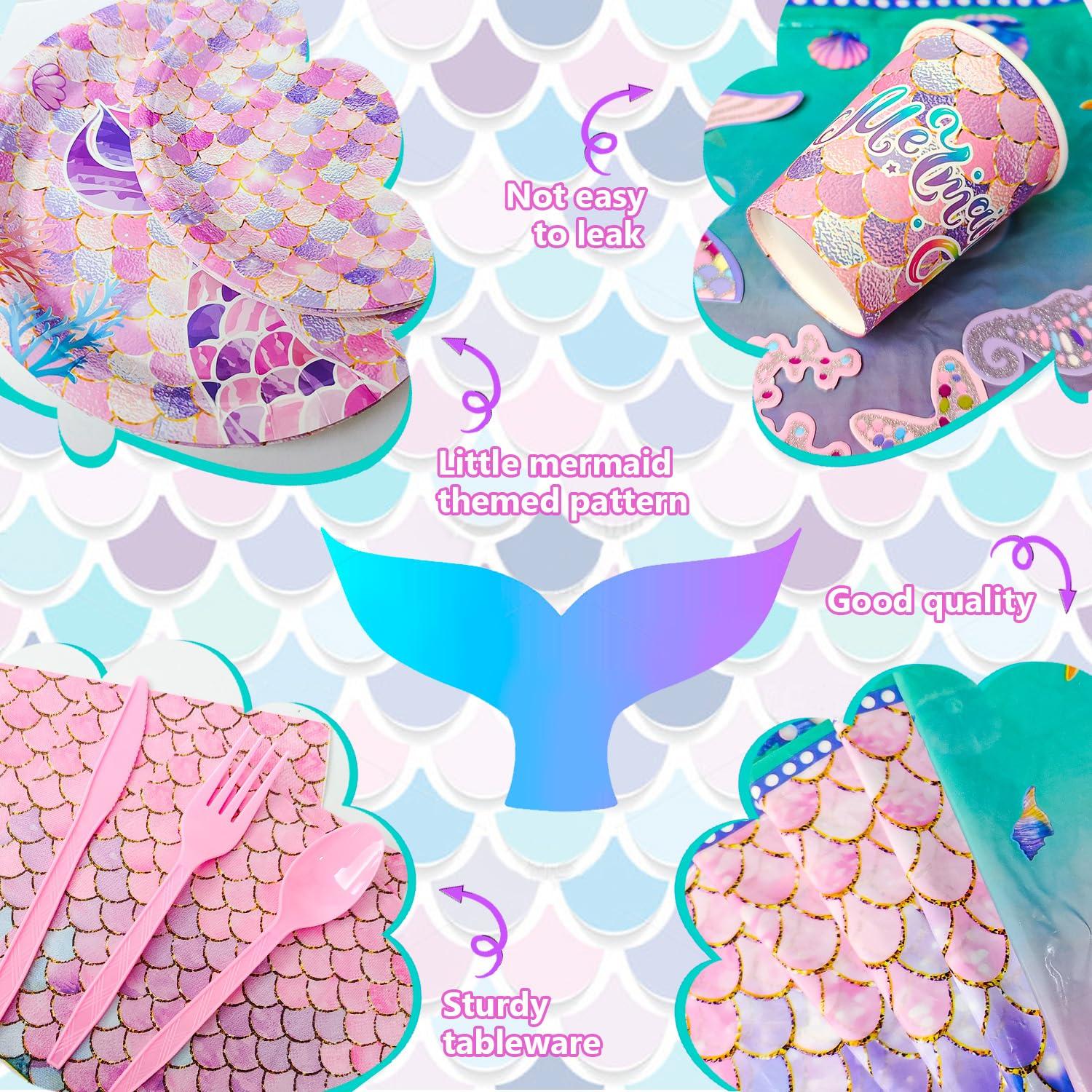 Fruitful Jewelry Mermaid Party Supplies,132 Pcs Mermaid Birthday Party Decorations Kit Mermaid Birthday Plates Cups Napkins Tablecloth Mermaid Banner Balloons Hanging Swirl etc Mermaid Birthday Decorations