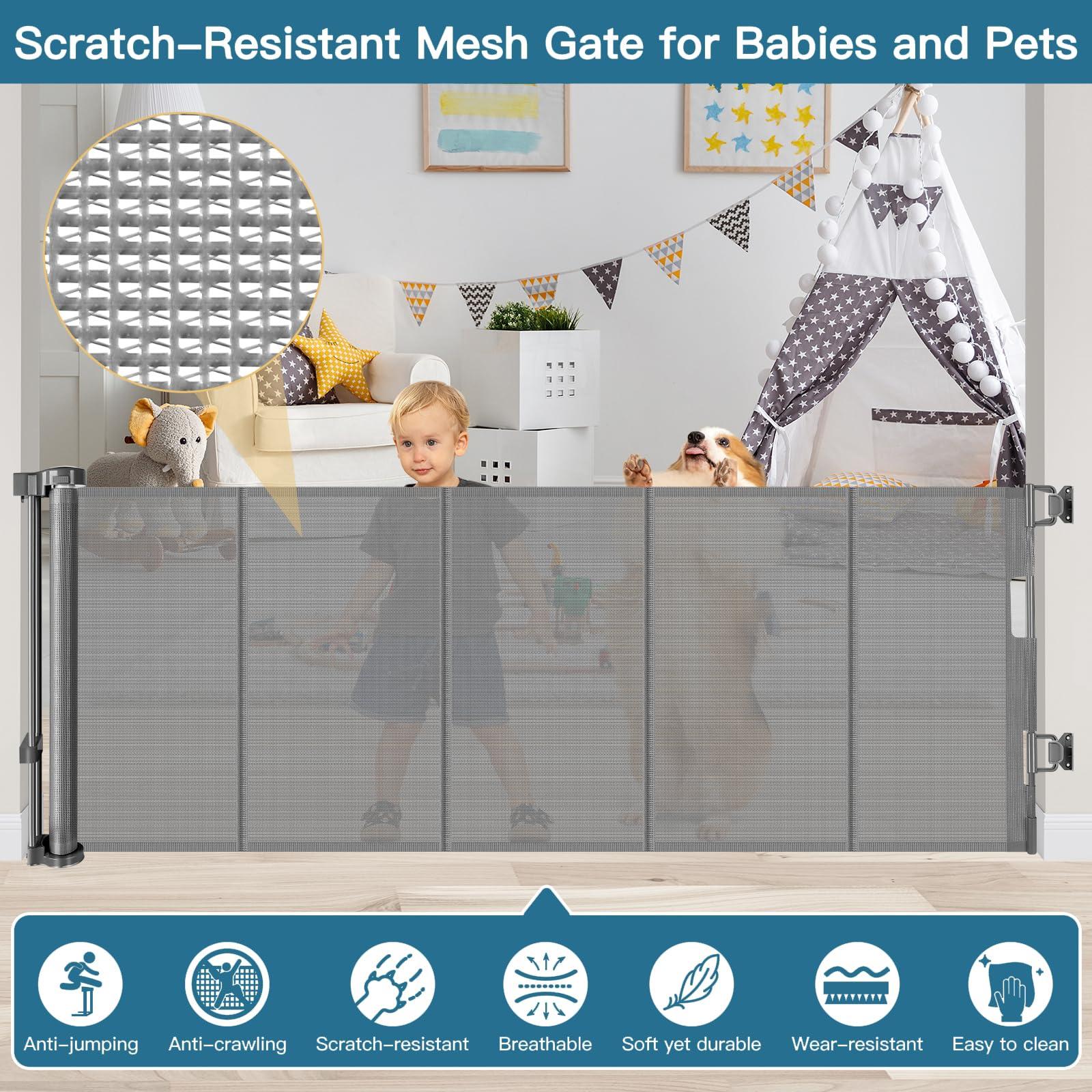 Stcockis 28 Inch Tall Retractable Baby Gates, 80" Wide Reinforced Retractable Dog Gate with Support Rods, Walk Through Pet Gate, Short Dog Gate Retractable Pet Gate, Mesh Baby Gate for Stairs, Doorways, Gray