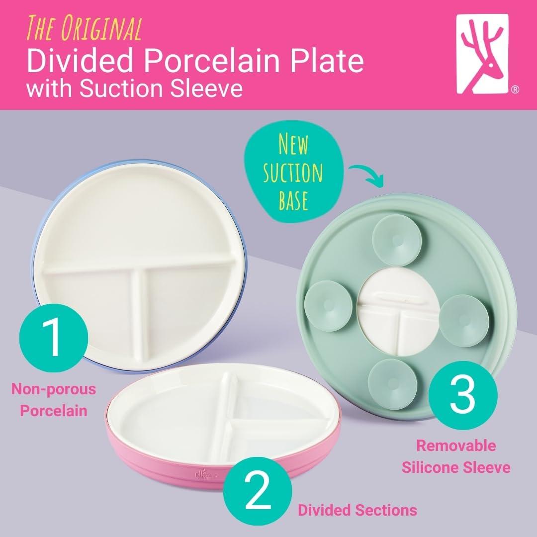 Elk and Friends Elk and Friends Kids 7.8 Porcelain White Plates with Silicone Suction Sleeves Sleeves | Divided Plates | Suitable for Babie/Kids/Toddlers | Microwave & Dishwasher Safe | Non Slip | Snack Dishes