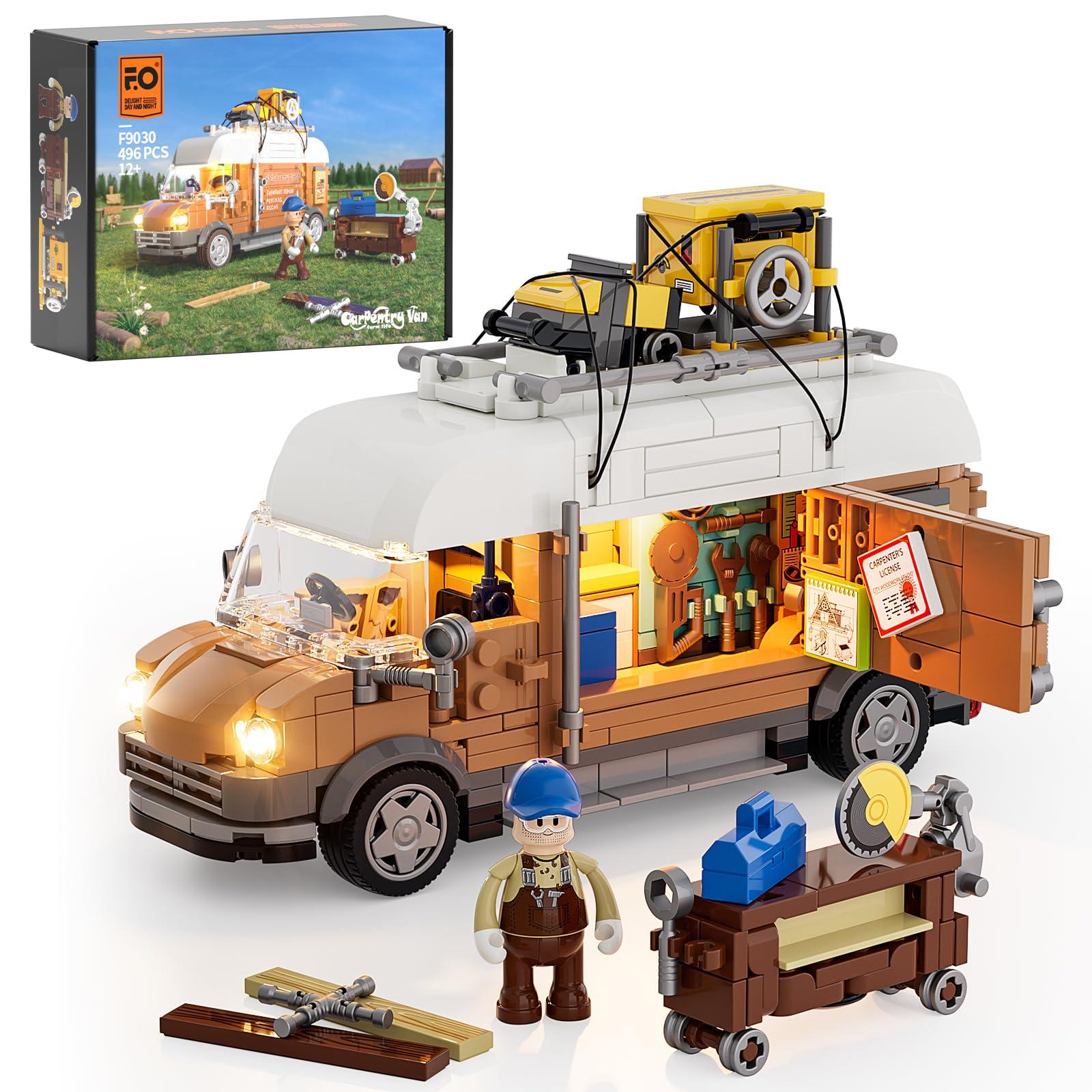 FUNWHOLE FUNWHOLE Carpentry Van Lighting Building-Bricks Set - Farm Woodworker Car Collectible Display Set 496 Pcs for Adults and Teen