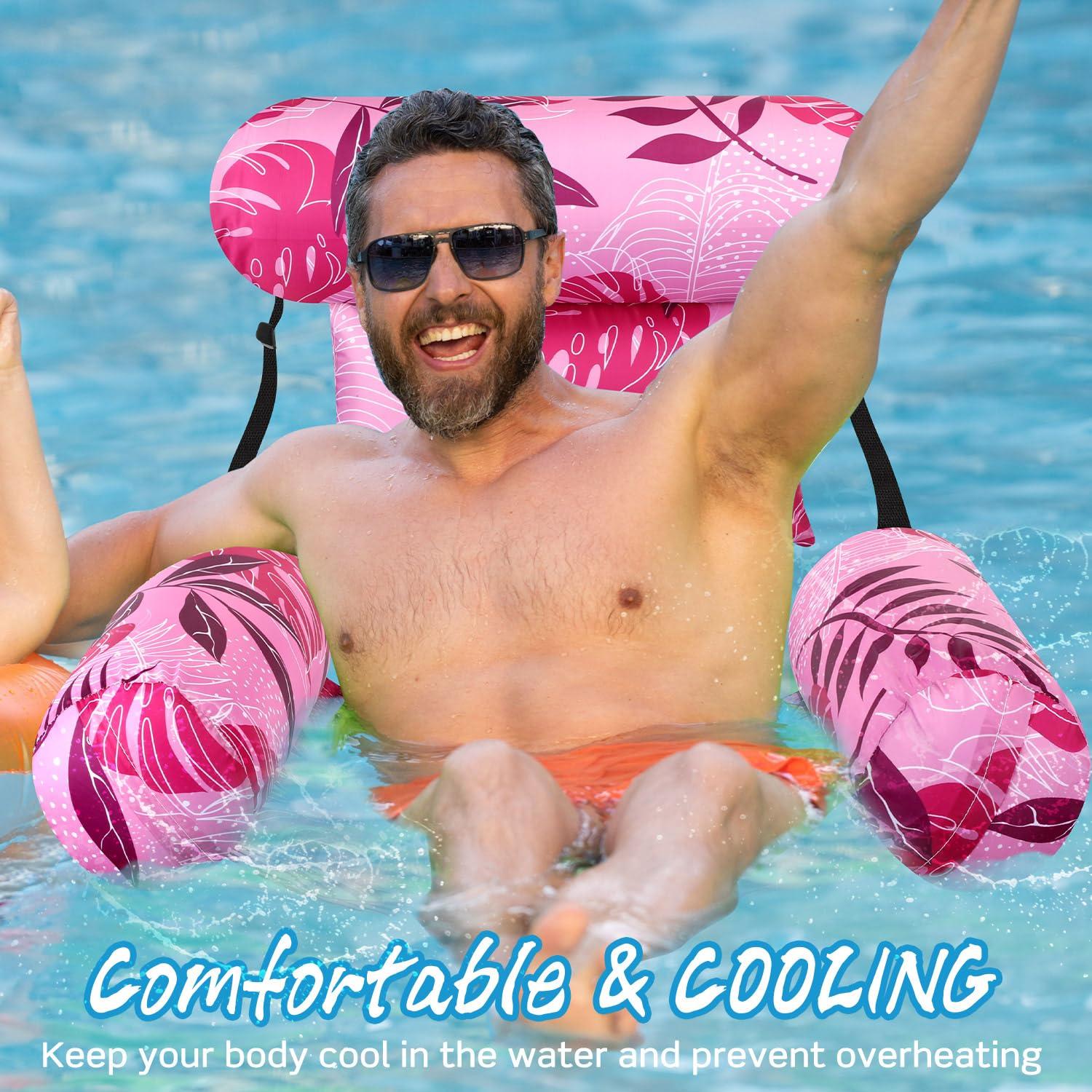 Sonwyoung Sonwyoung Inflatable Pool Floats Chairs Adult Floating Lounge Chairs Adjustable Hammock Water Floating Chair Swimming Tropical Plants Pattern for Party Summer Water Beach Lake Fun(Pink)