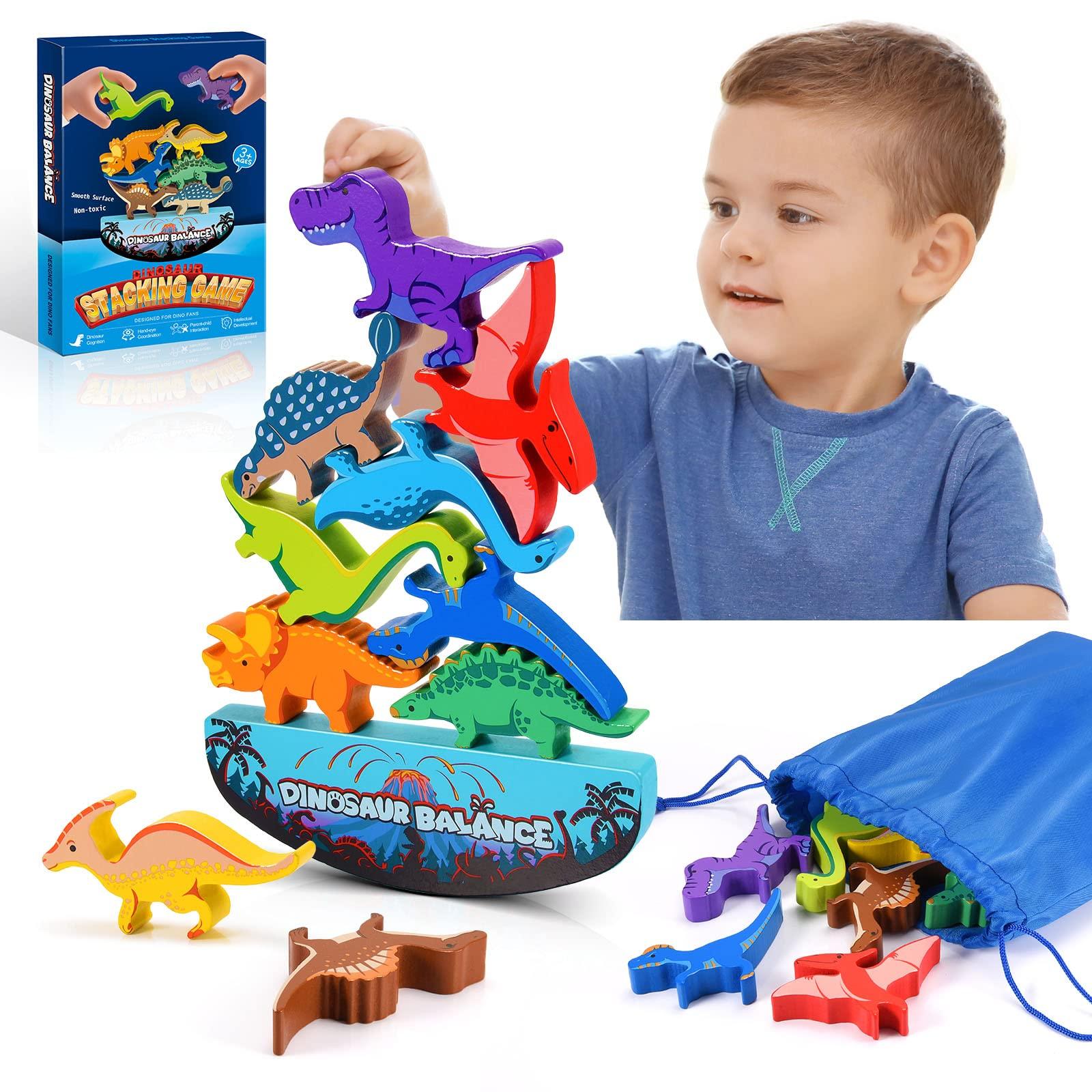 IPOURUP IPOURUP Dinosaur Toys for Kids 3-5: Wooden Stacking Montessori Toys for 3 4 5 6 7 8 Year Old Boys Girls Balance Competition Game for Family Christmas Birthday Gifts for Kids Ages 4-8 (Classic Version)