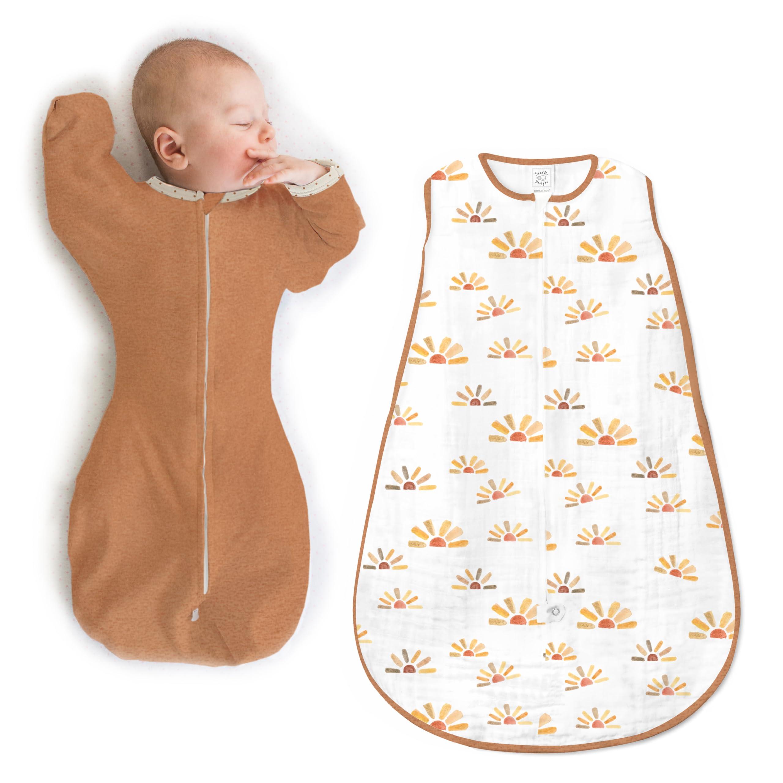 SwaddleDesigns SwaddleDesigns Baby Sleep Sack Set, Butterum and Sunny Days, 0-3 Mo Transitional Swaddle Sack with Arms Up Half-Length Sleeves & Mitten Cuffs and 0-6 Mo Cotton Muslin Sleep Sack with 2-Way Zipper