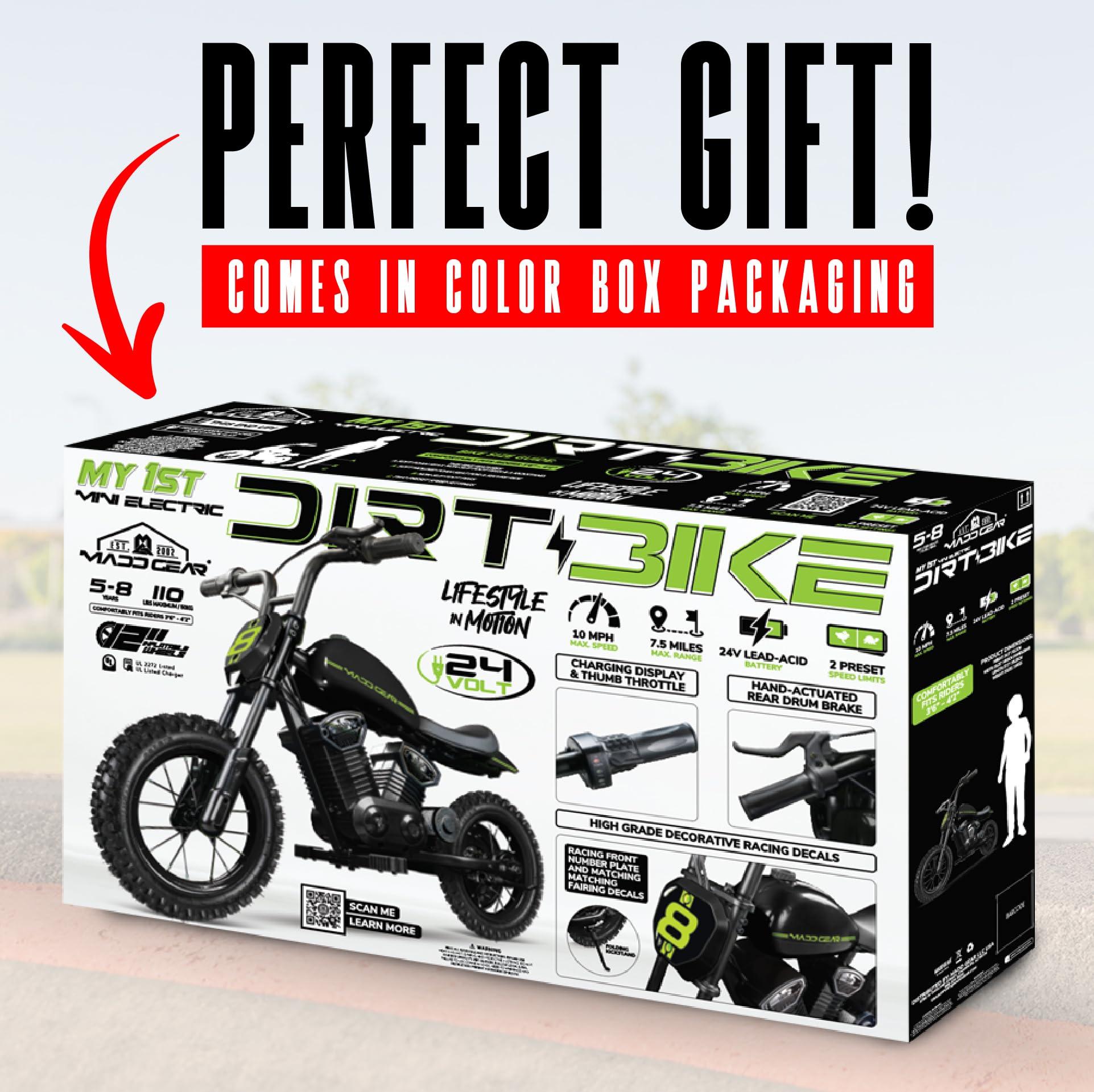 Madd Gear Madd Gear 24-Volt My 1st Mini Electric Dirt Bike for Kids Ages 5-8 - Dual Speed Up to 10 MPH, 12\" Tires, 7.5 Mile Range, 110 lbs Max Capacity - Lightweight, Safe Electric Motorcycle