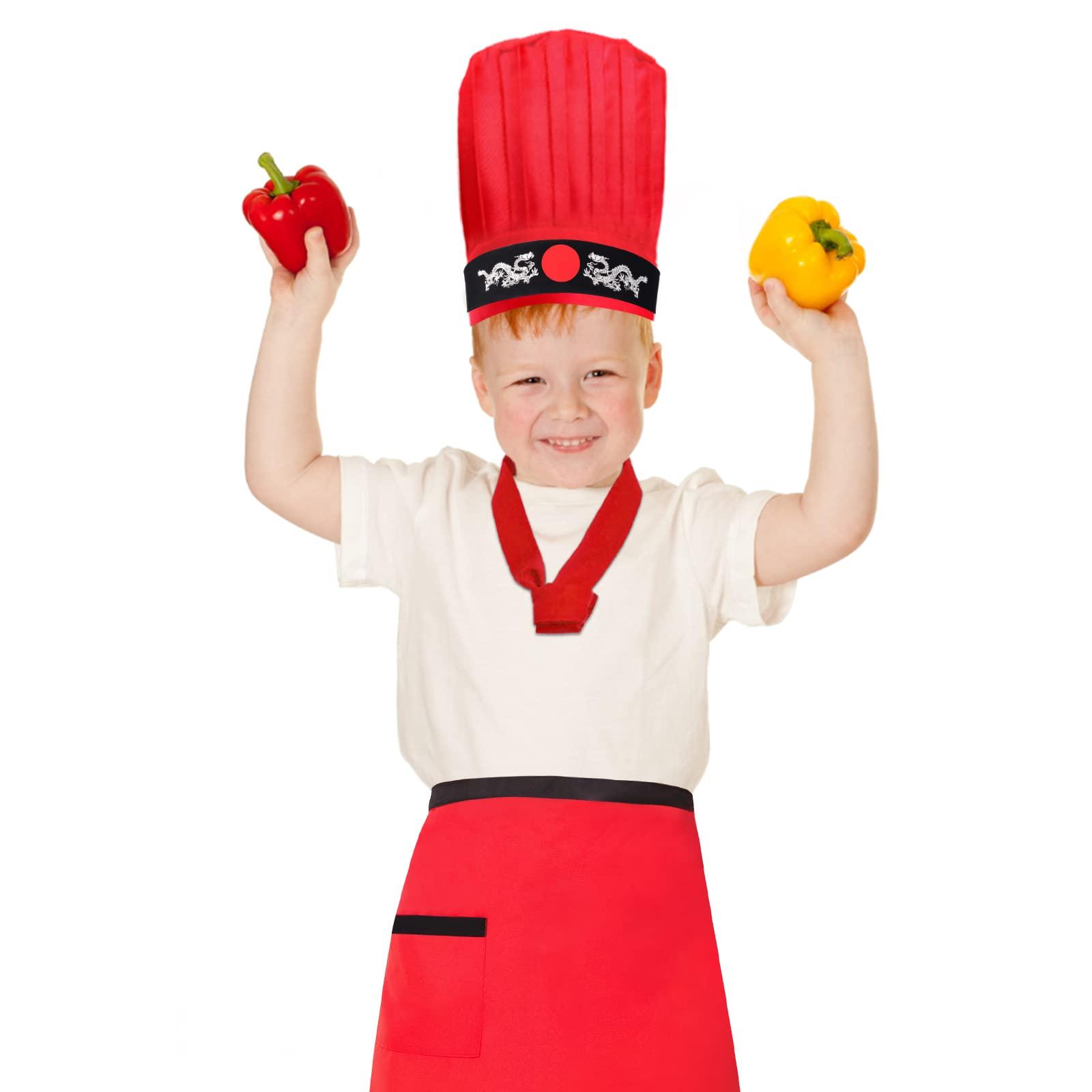Keymall Keymall Kids Hibachi Chef Hat Teppanyaki Tall Chef Cap With Hachimaki Headband Tie Apron for Hibachi Birthday Party Costume(red)