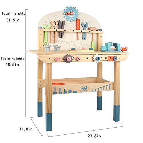 KIDS TOYLAND Wooden Power Tool Workbench for Kids, Building Tools Sets Pretend Play Toys - Construction Workbench with Wrench, Screwdriver, Miter Saw and Hammer - Educational Gift for Toddlers Age 3 and Up