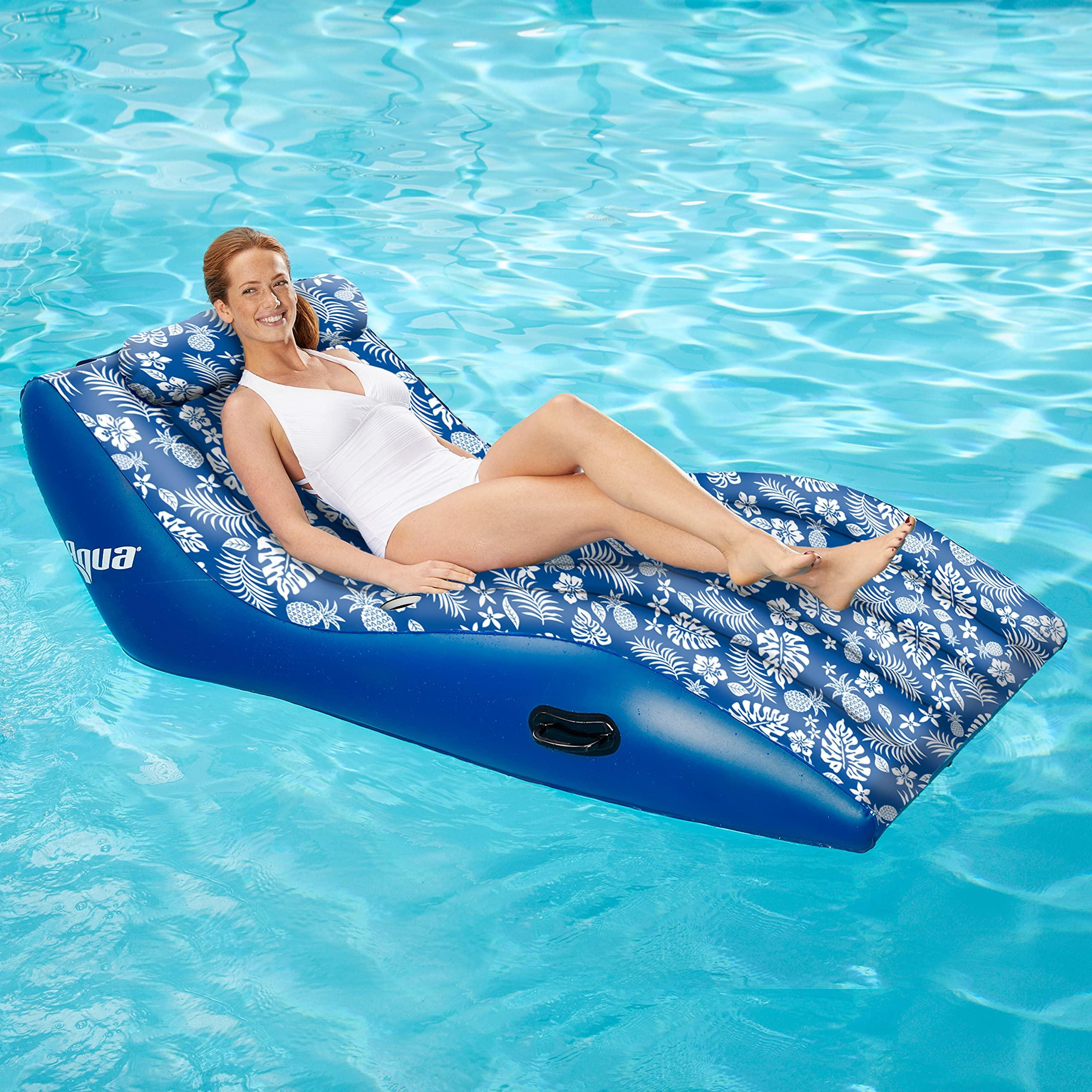 Aqua LEISURE Aqua Ultra-Comfort Floating Pool Chair & Lake Raft with Pillow 1-Person Heavy Duty Pool Float, Lake Floating Chair Blue Pineapple Hibiscus