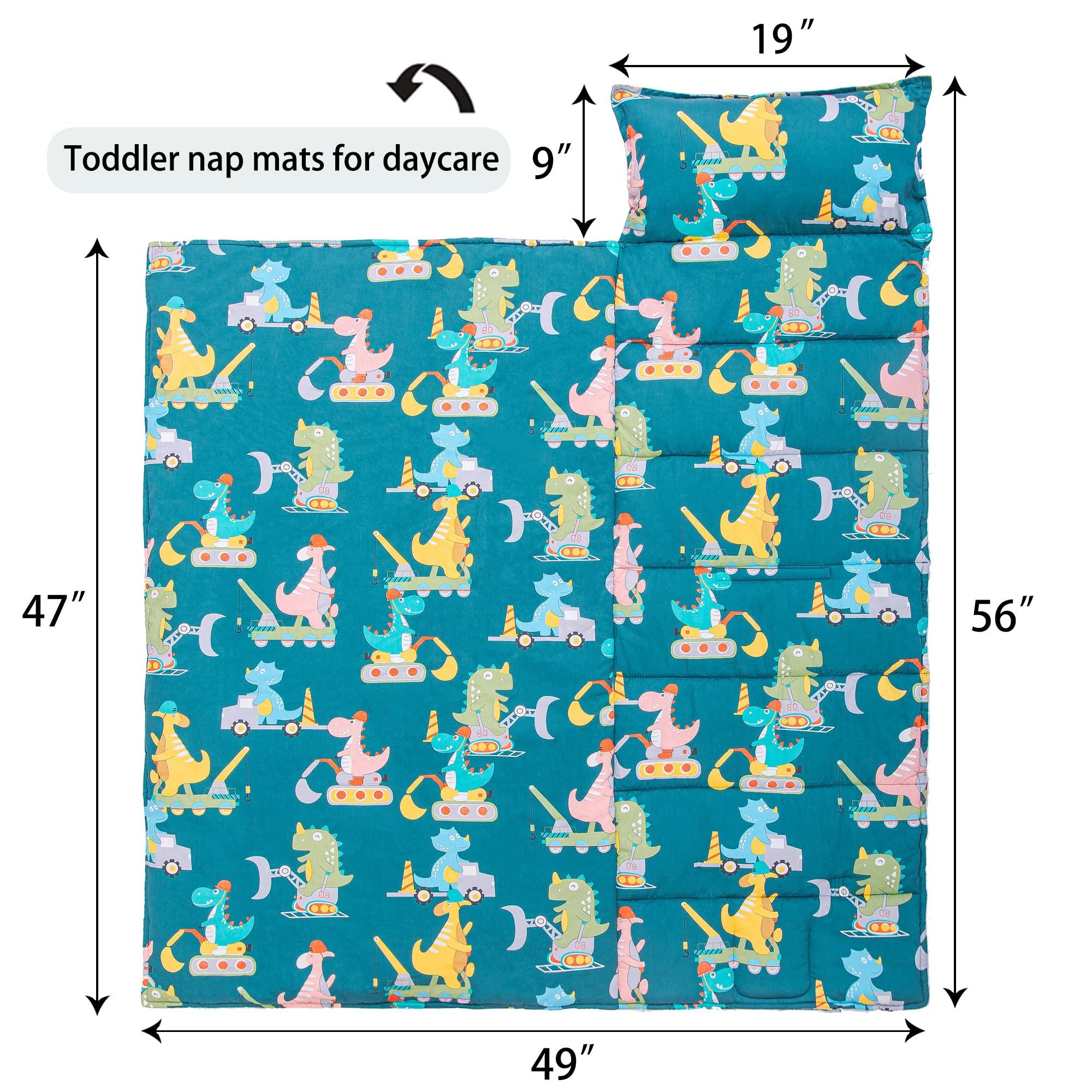 Rossison ROSSISON Nap Mat with Pillow and Blanket 100% Cotton with Microfiber Fill, Padded Sleeping Mat, for Daycare Preschool Toddler Prek Boys Girls Kids (Dinosaur Driver, Extra Long-56\"x20\")