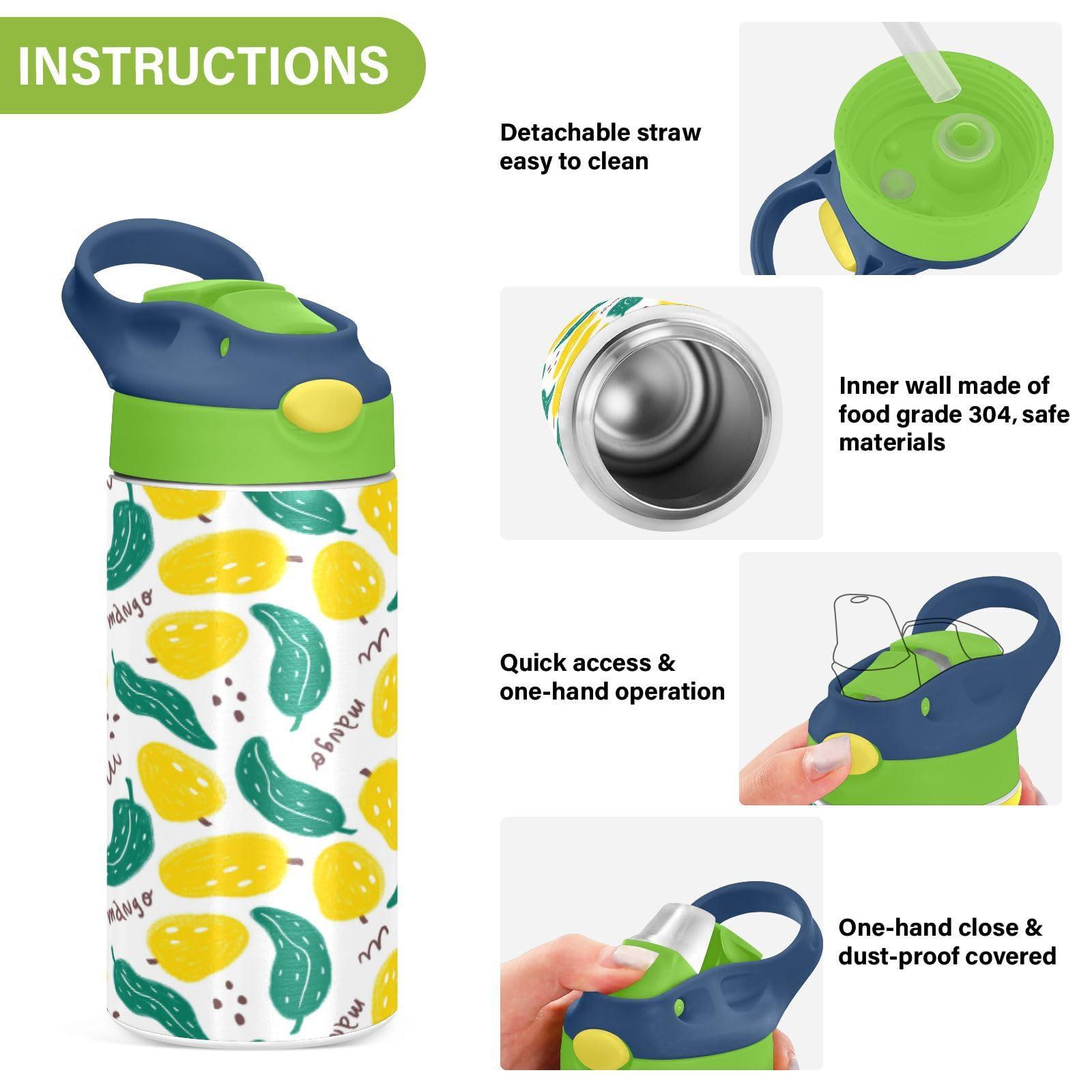 Wfrish Cute Tropical Yellow Mango Leaves Kids Water Bottle with Silicone Straw for Girls Boys Toddlers Insulated Stainless Steel with Straw Lid BPA-Free Duck Mouth Leakproof Tumbler 12 oz