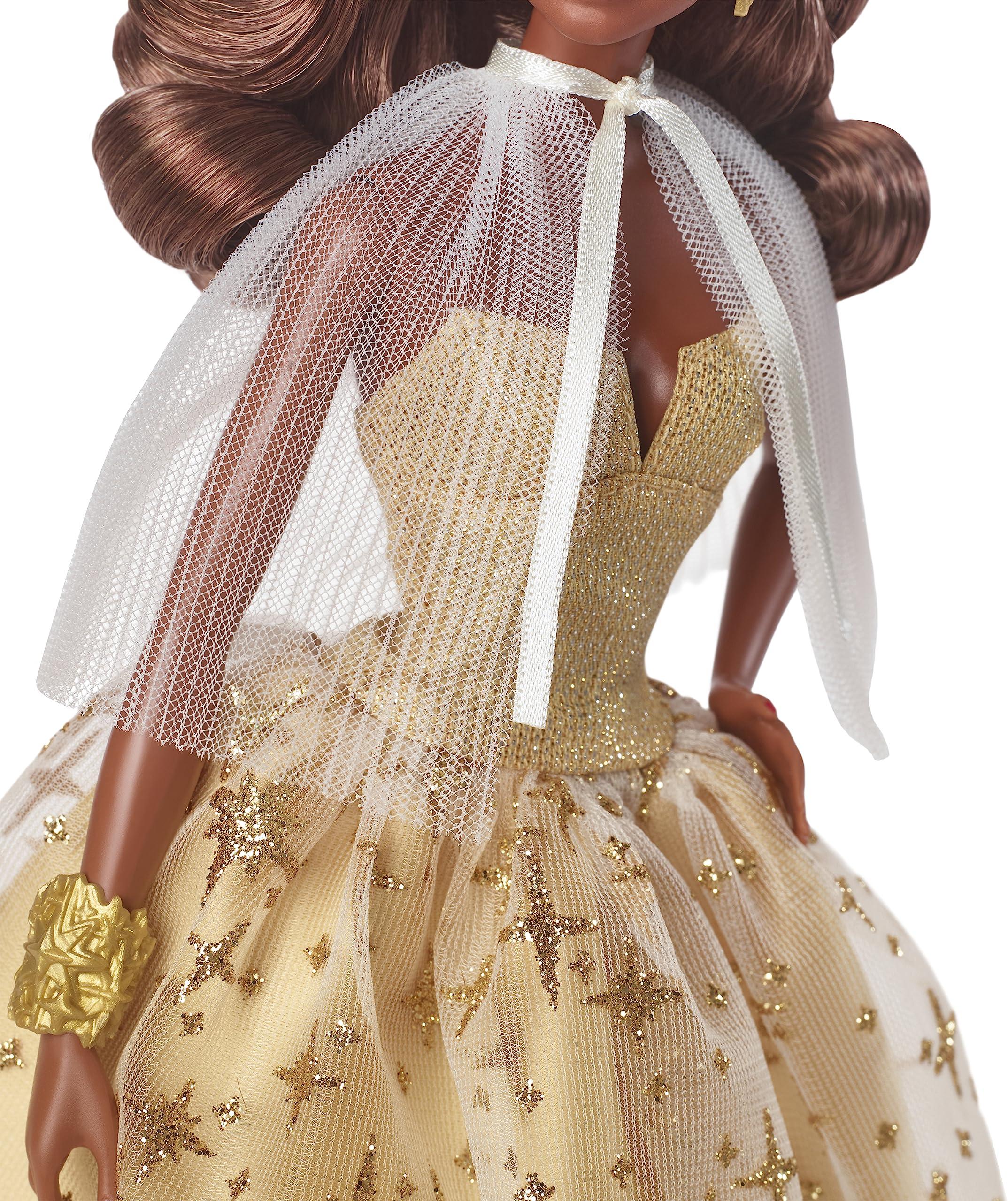 Barbie Barbie Signature Doll, 2023 Holiday Collectible with Golden Gown & Dark Brown Hair, Doll Stand & Displayable Packaging